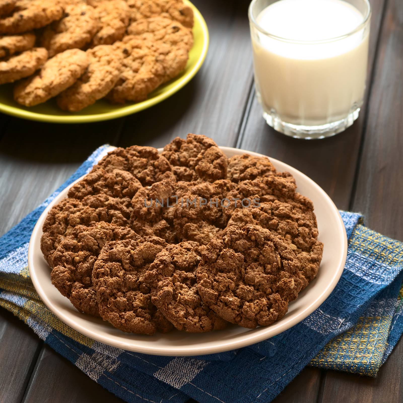 Chocolate oatmeal cookies on plate with a glass of milk and oatmeal-apple cookies in the back, photographed with natural light (Selective Focus, Focus on the first cookies)