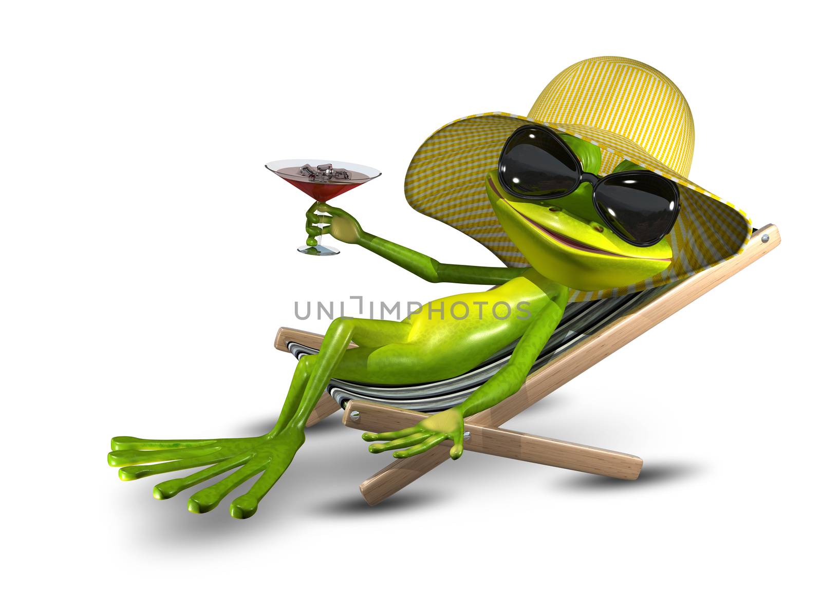 Frog in a hat on a deck chair with a glass by brux