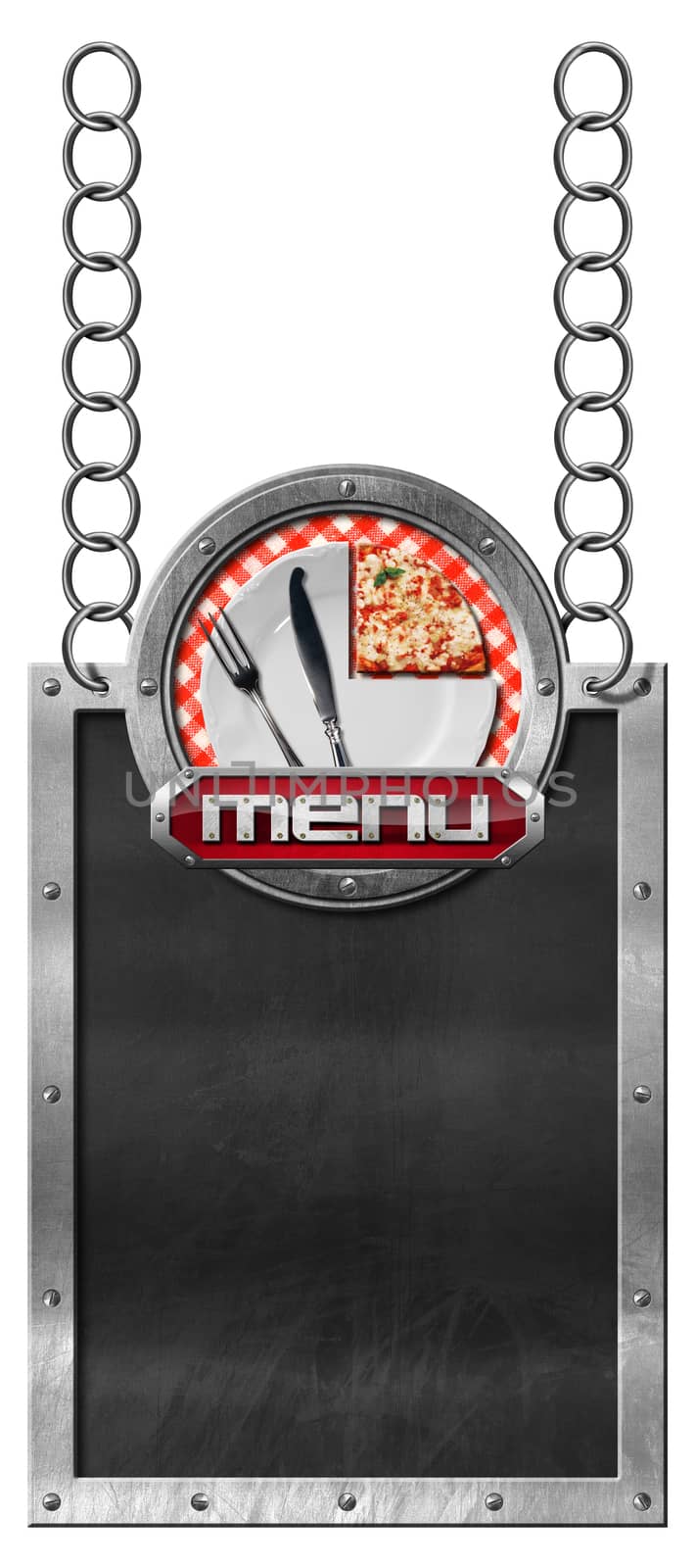 Empty blackboard with metal frame hanging from a metal chain, white plate with a slice of pizza and cutlery. Template for a pizza menu isolated on white
