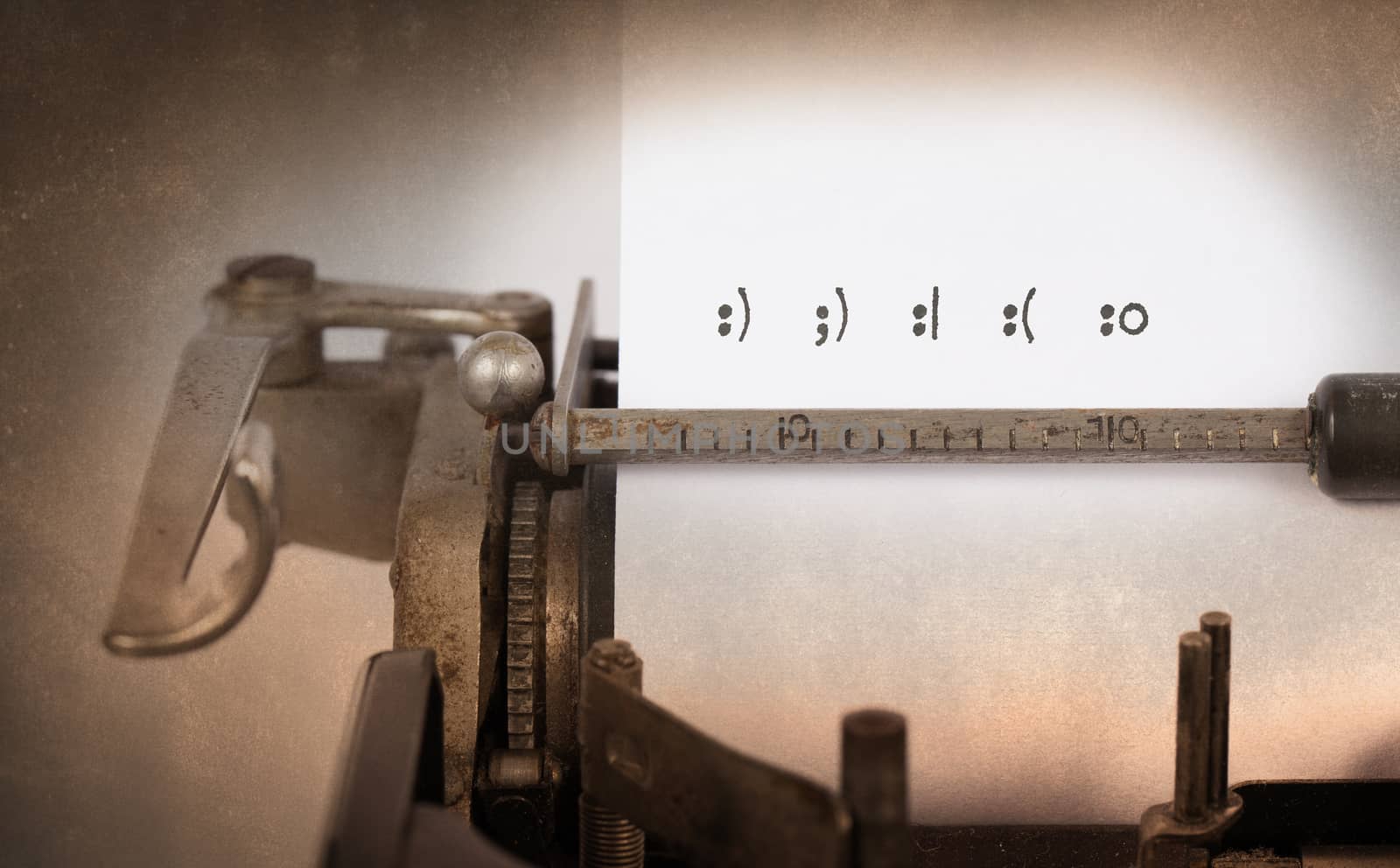 Close-up of an old typewriter with paper, perspective, selective focus, smileys