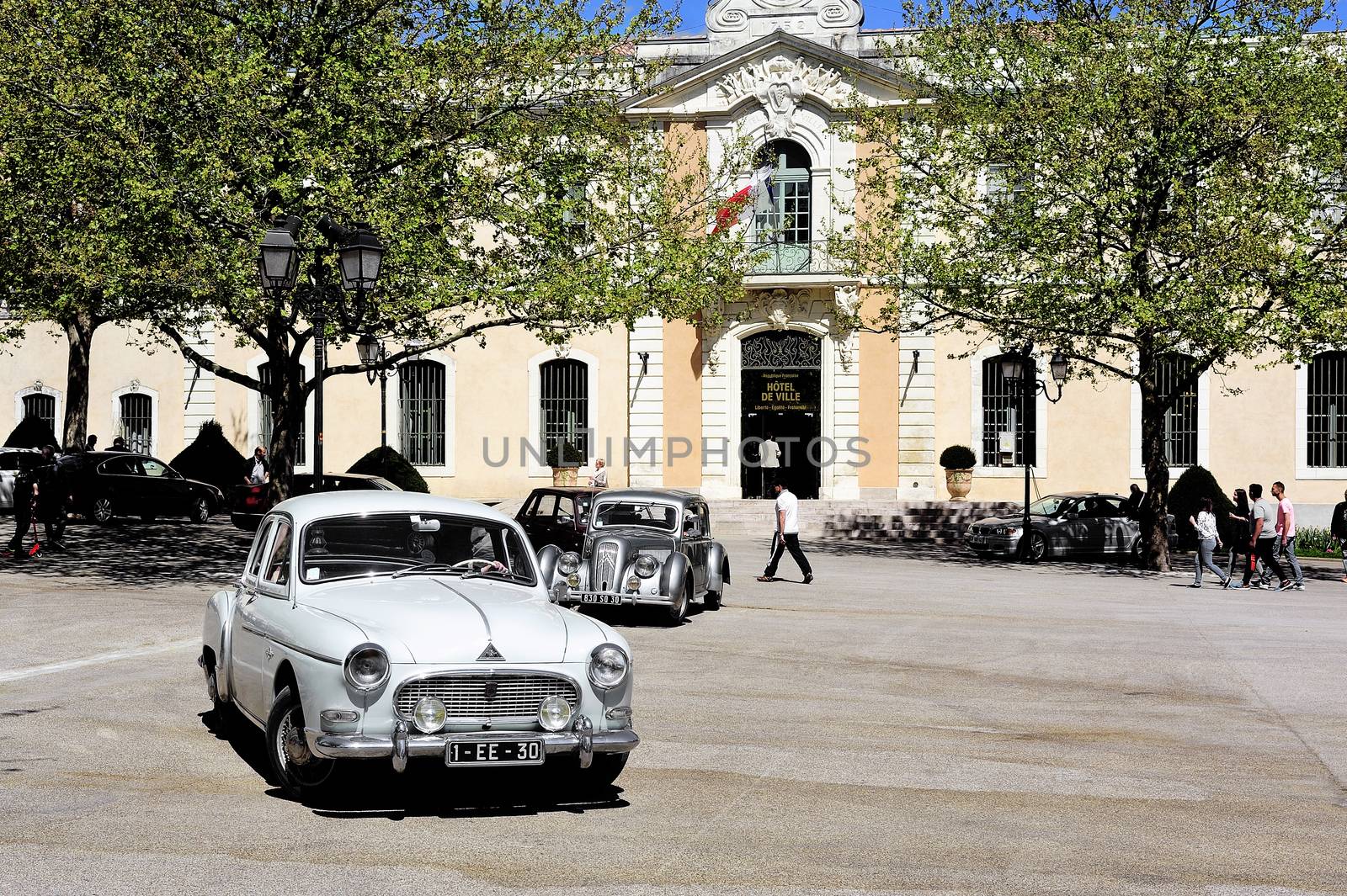 Renault frigate dating from 1956 photographed in gathering old Town Hall Square car in the town of Ales, in the Gard department