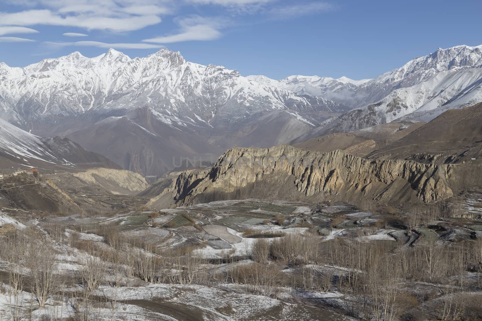 Landscape of Muktinath village in lower Mustang District, Nepal. This photo was shot in early morning.
Area was cover by snow.