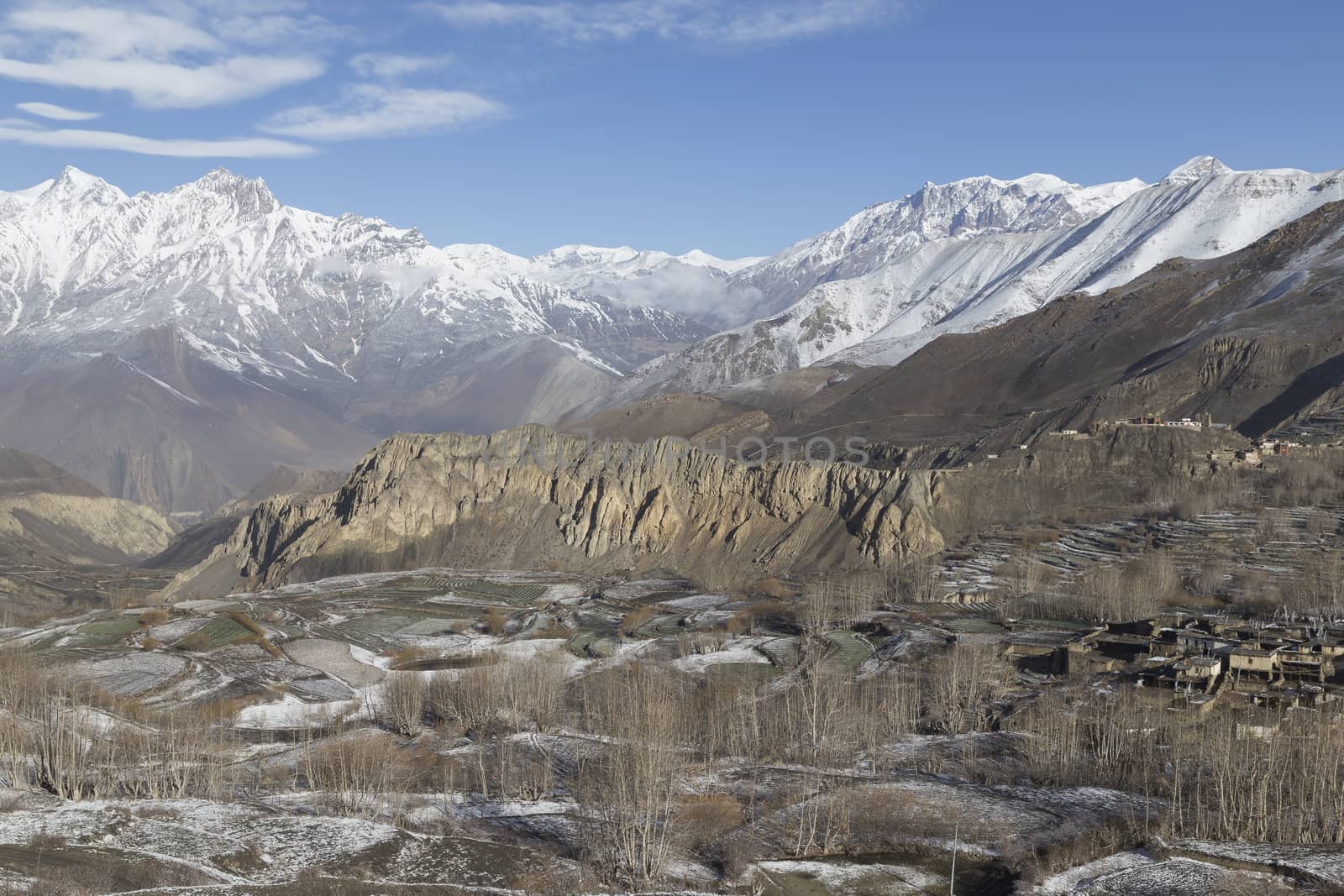 Landscape of Muktinath village in lower Mustang District, Nepal. This photo was shot in early morning.
Area was cover by snow.