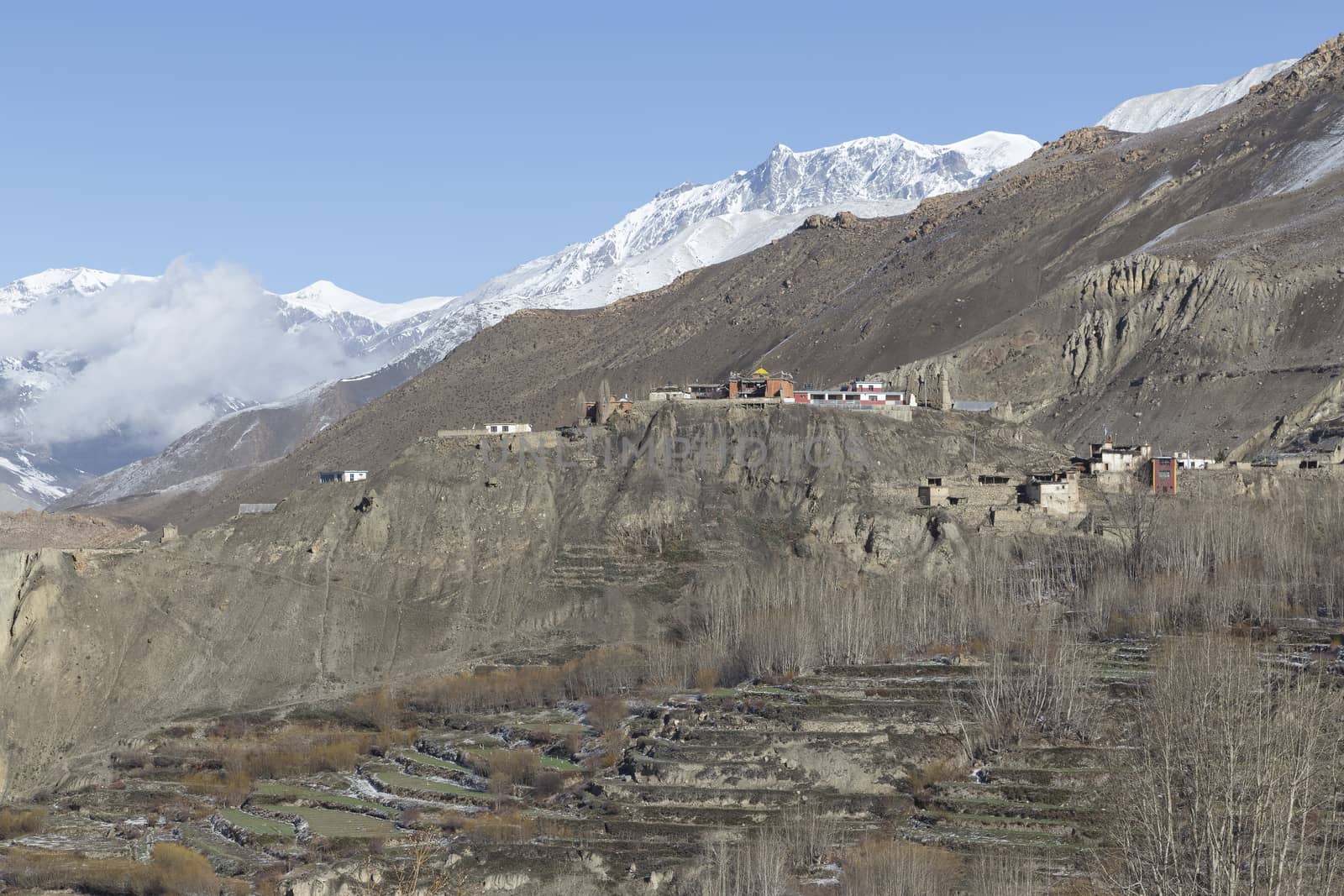 Landscape of Muktinath village in lower Mustang District, Nepal. This photo was shot in early morning.
Area was cover by snow.