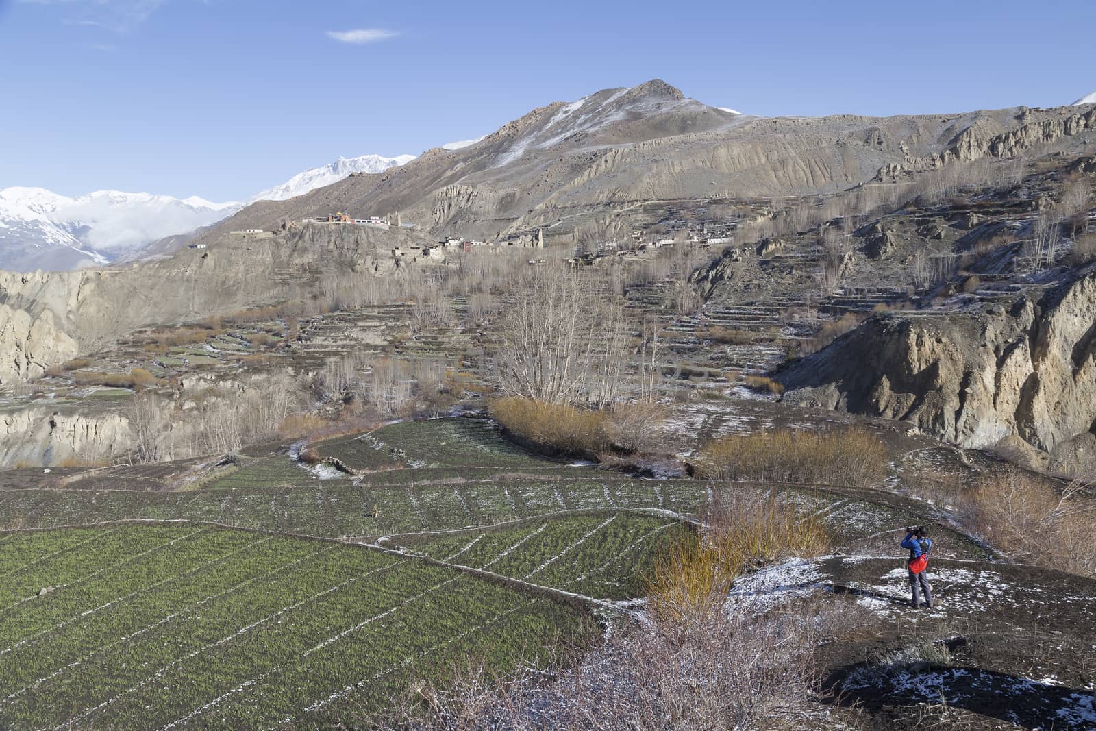 Landscape of Muktinath village in lower Mustang District, Nepal. This photo was shot in early morning.
Area was cover by snow.