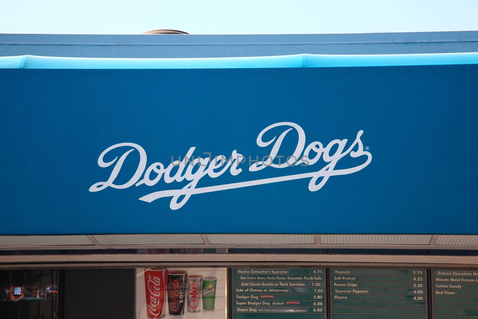 Famous Los Angeles Dodger Dog hot dog concession at the stadium.