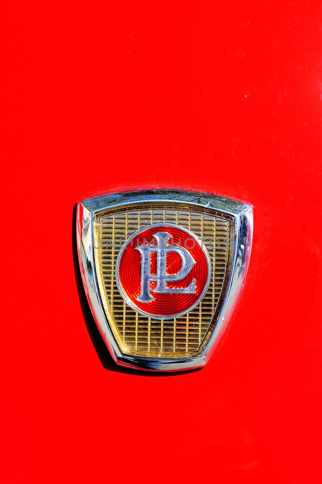 Panhard brand on the hood of a PL17 manufactured in 1959 photographed the rally of vintage cars Town Hall Square in the town of Ales, in the Gard department