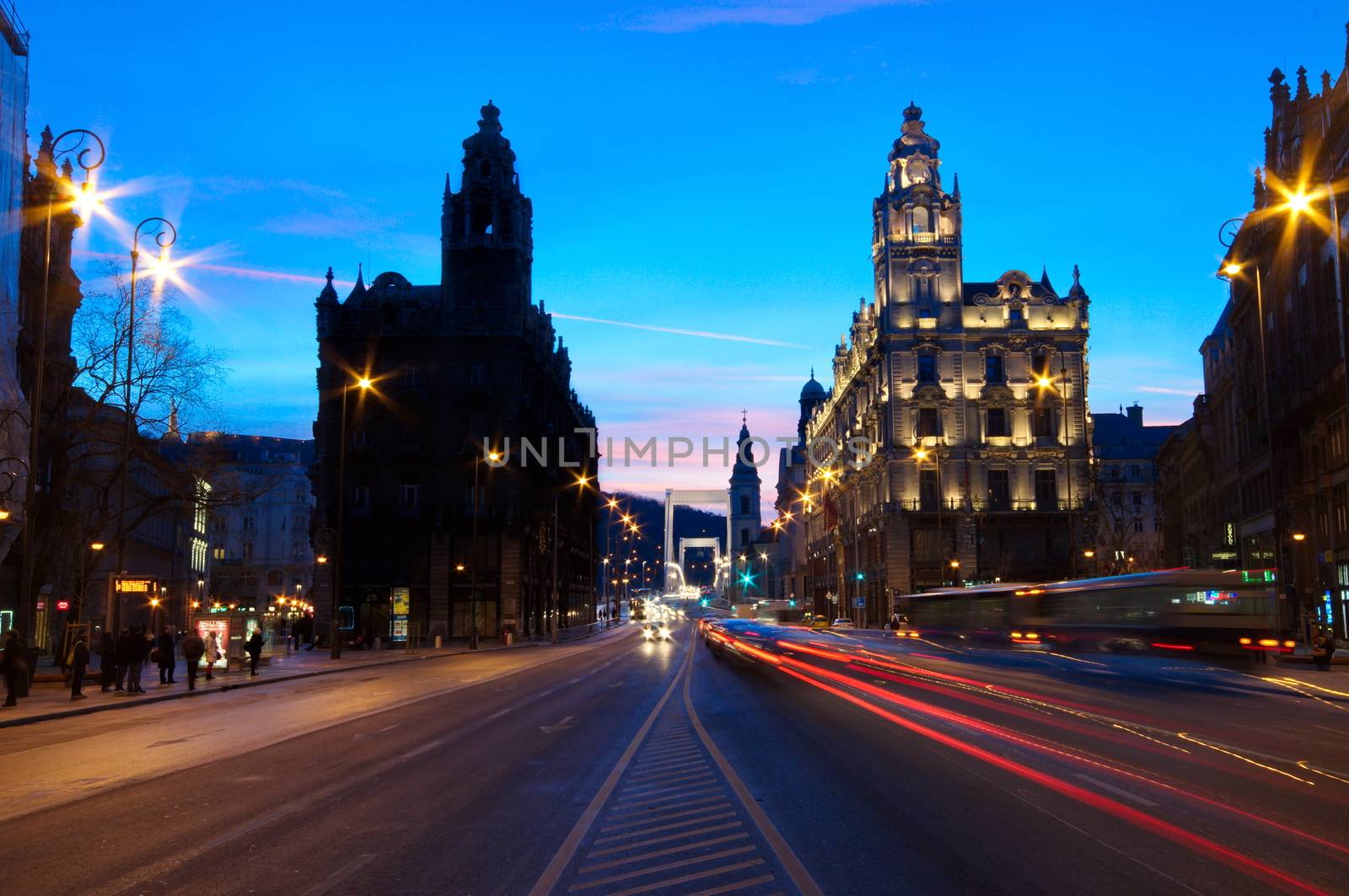 BUDAPEST - JANUARY 10: Traffic at night in Budapest, Hungary on  by anderm