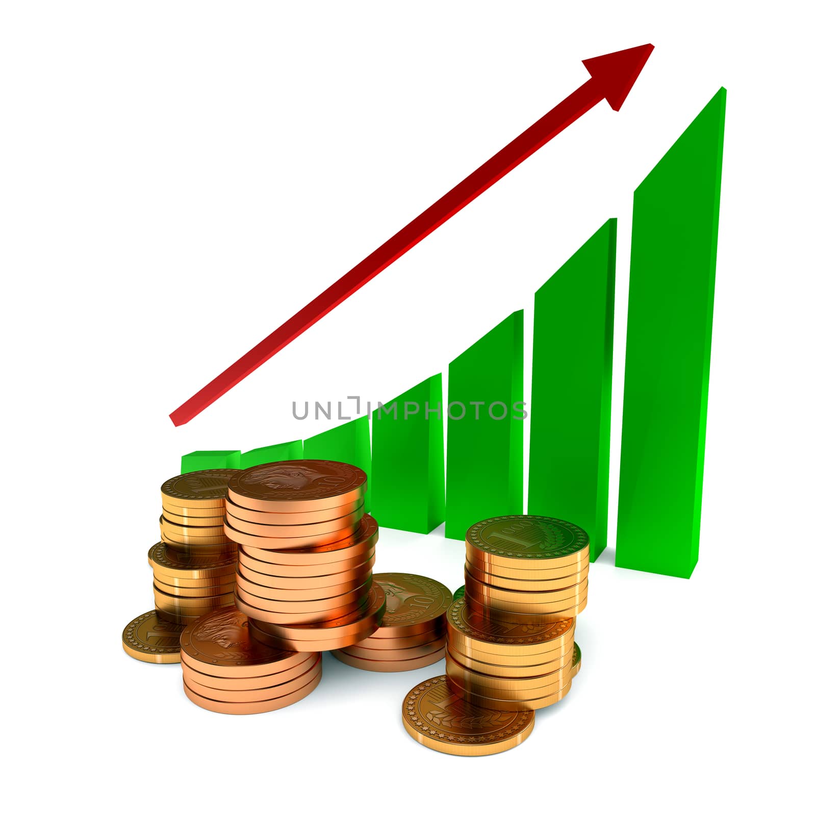 Business Chart and gold coins on the white background