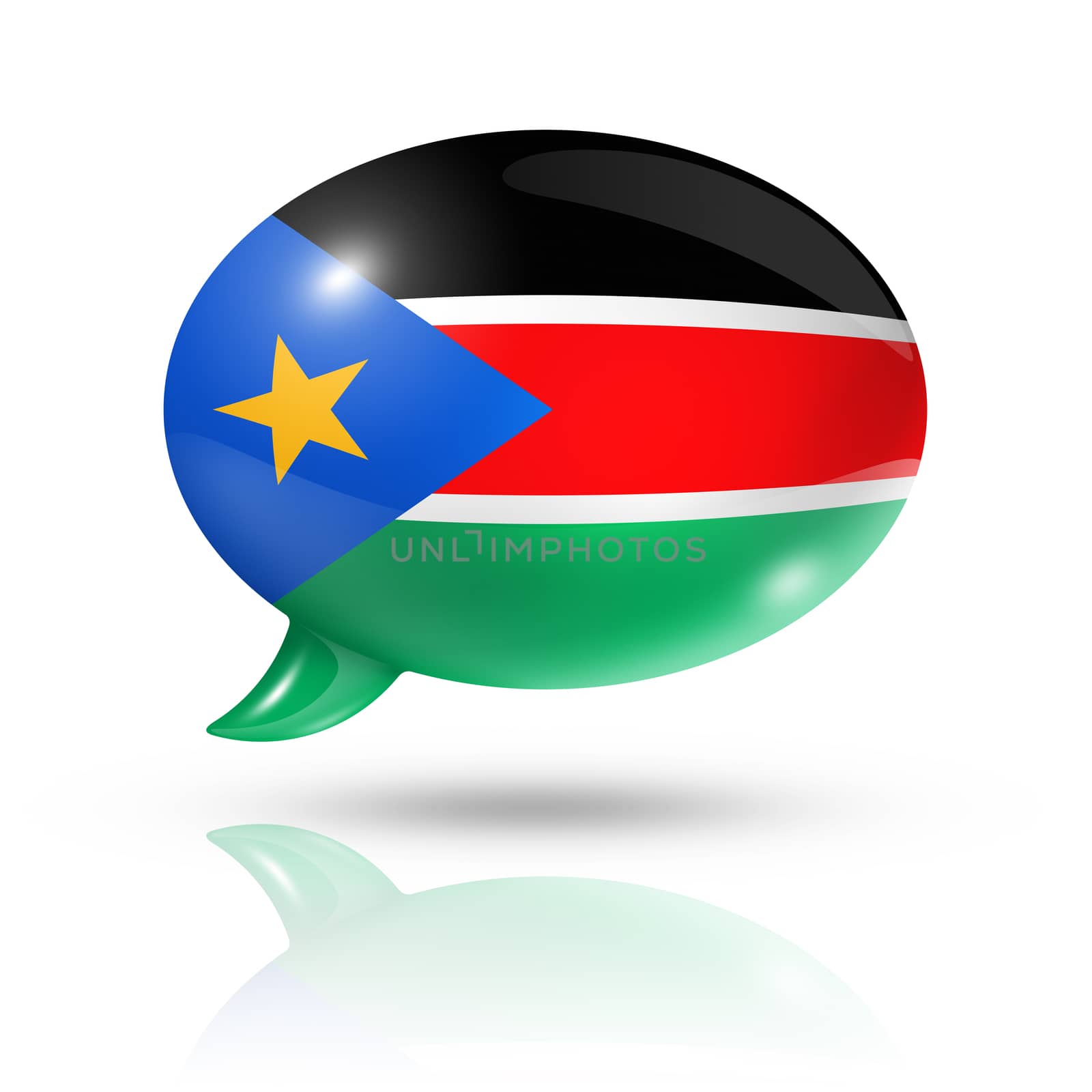 three dimensional South Sudan flag in a speech bubble isolated on white with clipping path