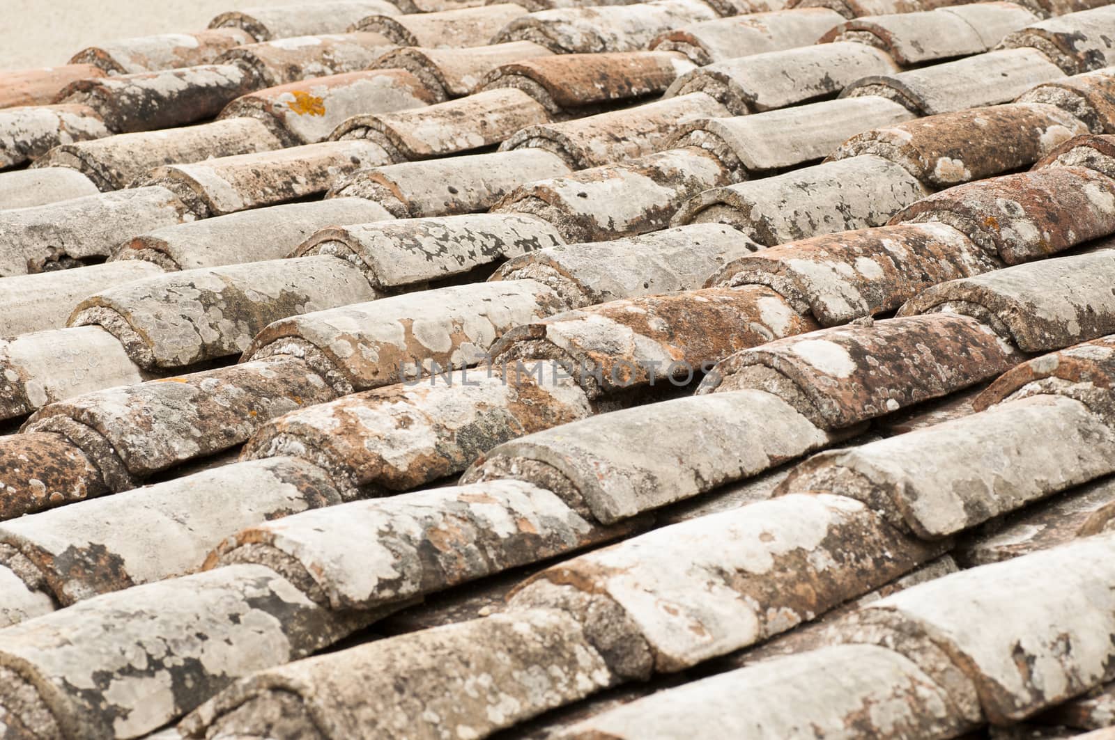 This is a close-up view of an old roof with red tile