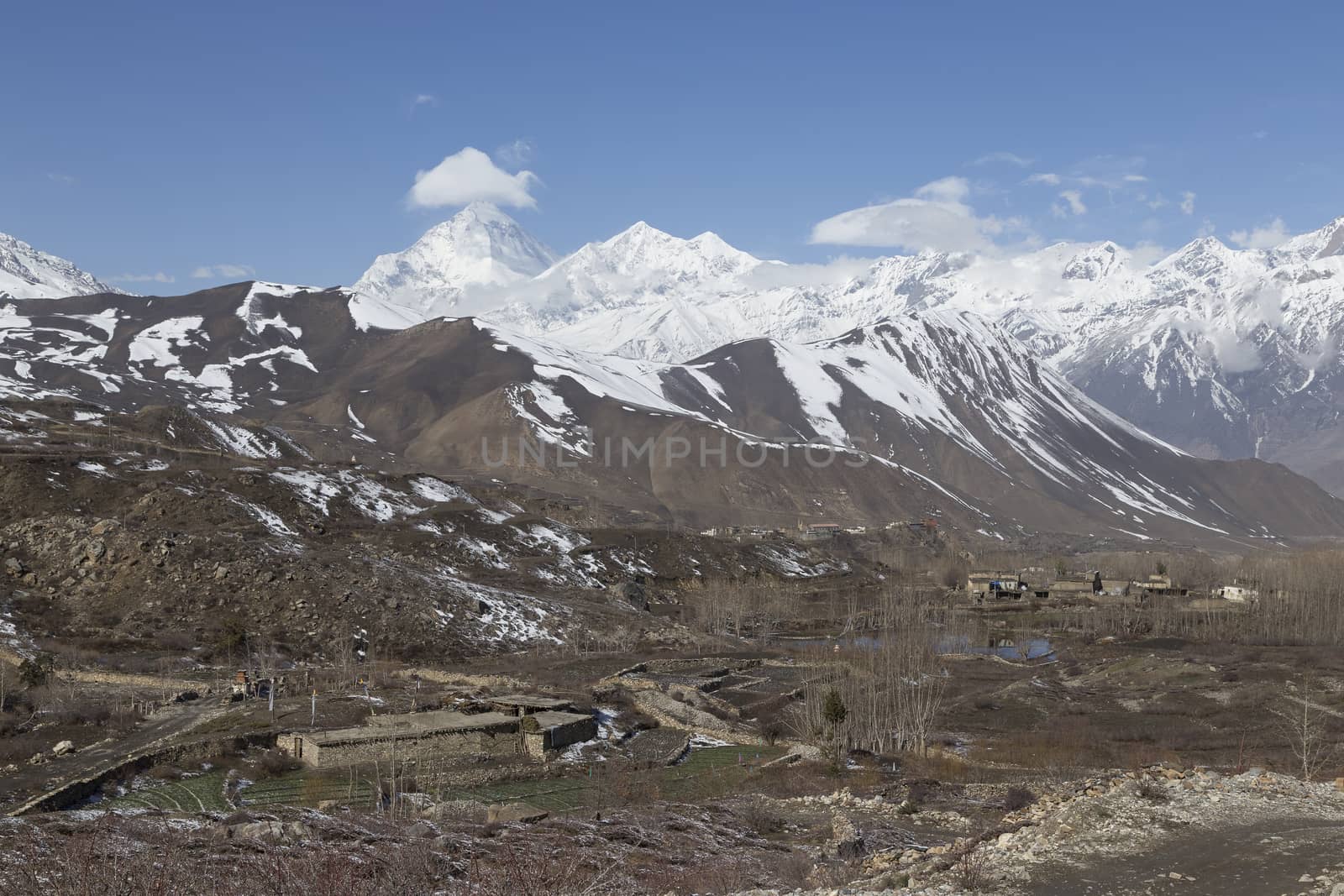 Landscape of Muktinath village in lower Mustang District, Nepal. This photo was shot in early morning.
Area was cover by snow.