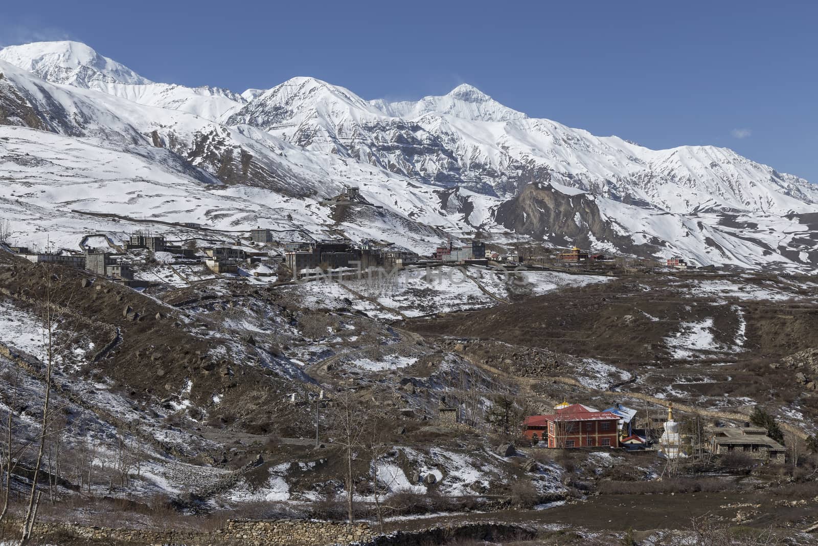 Local houses at Muktinath village in lower Mustang district, Nepal. This photo was shot in early morning.
Area was cover by snow.