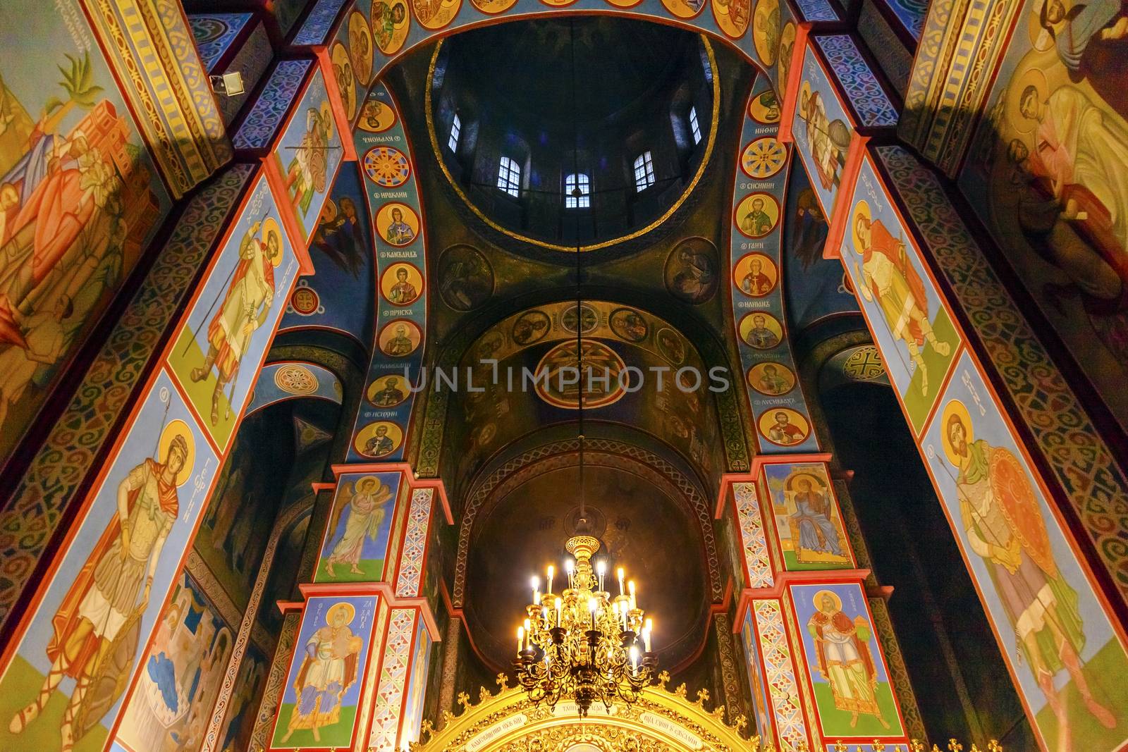 Ancient Mosaics Golden Sreen Icons Dome Basilica Saint Michael Monastery Cathedral Kiev Ukraine.  Saint Michael's is a functioning Greek Orthordox Monasatery in Kiev.  The original monastery was created in the 1100s but was destroyed by the Soviet Union in the 1930s.  St. Michaels was reconstructed after Ukrainian independencein 1991 and reopened in 1999.