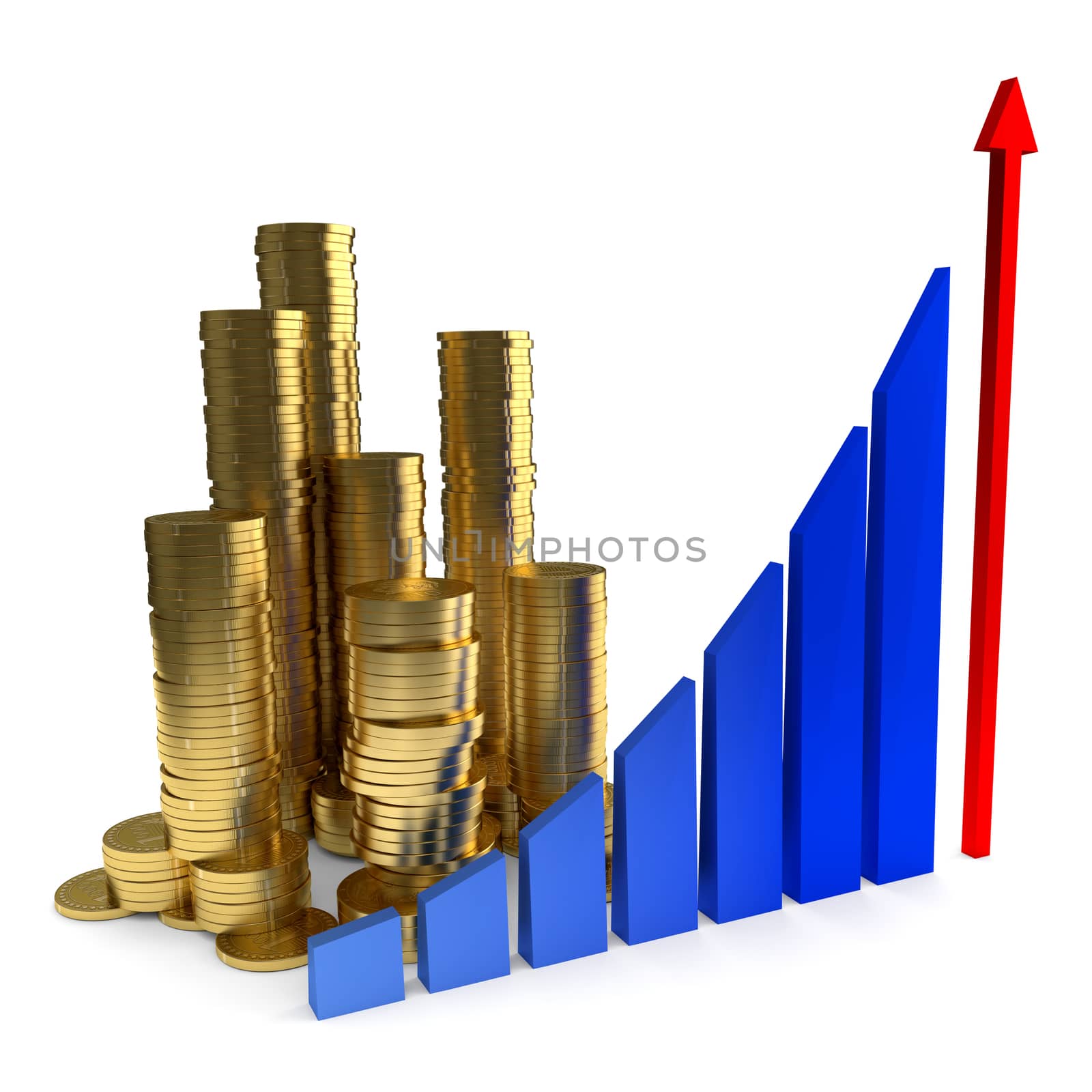 Business Chart and gold coins on the white background