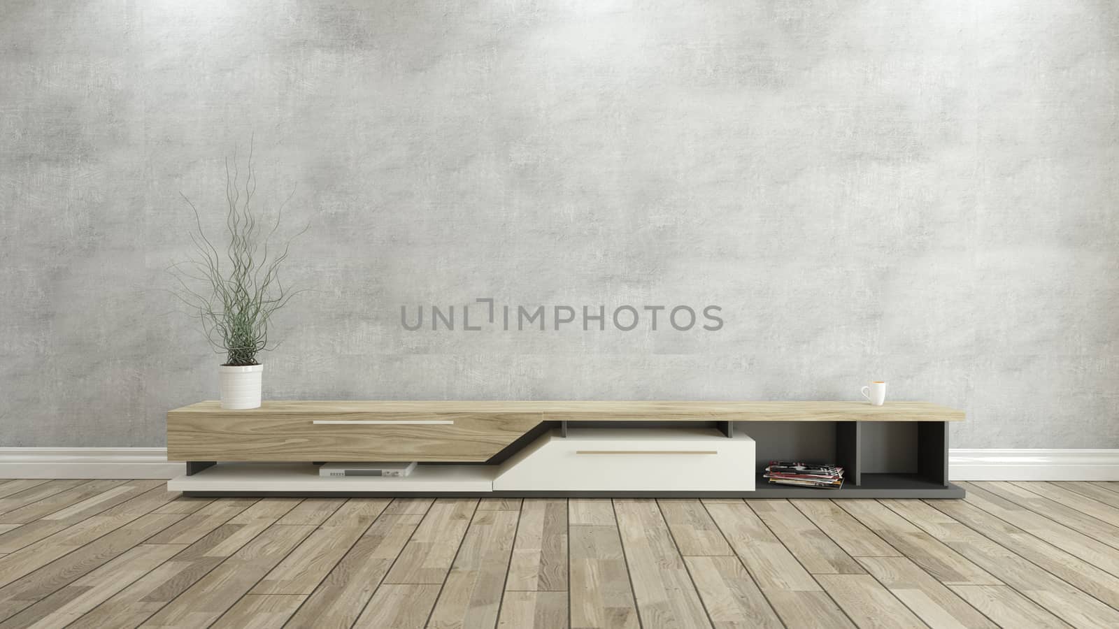 tv stand with concrete wall and wooden parquet background for design