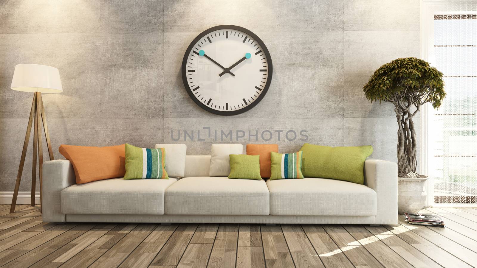 living room or saloon interior design with big wall watch 3d rendering 