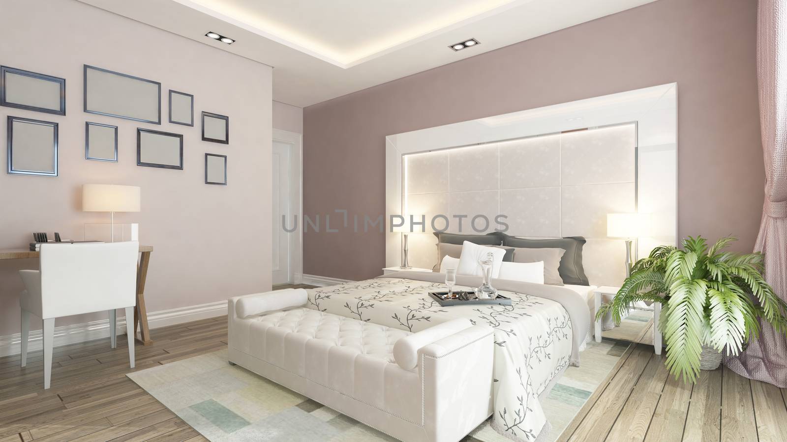 modern bedroom design with pink wall, plant and frames by Sedat SEVEN