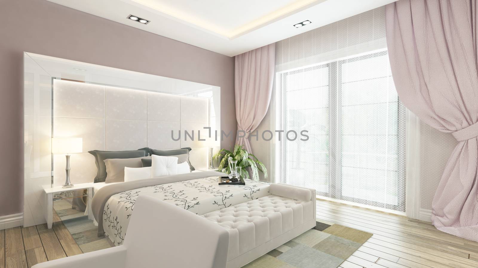 modern bedroom design with pink wall and curtain by Sedat SEVEN