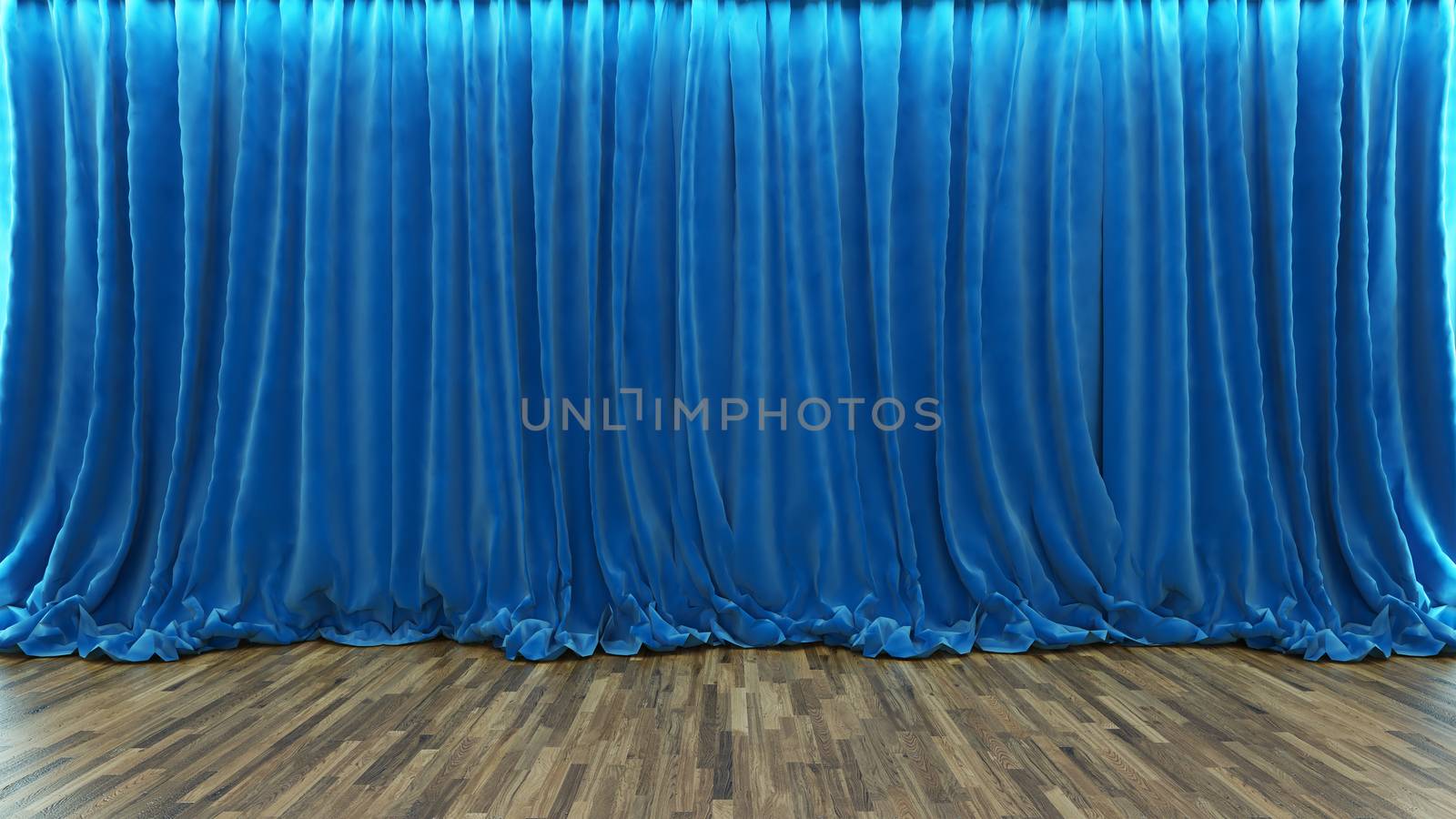 3d rendering theater stage with blue curtain and wooden floor by sedatseven