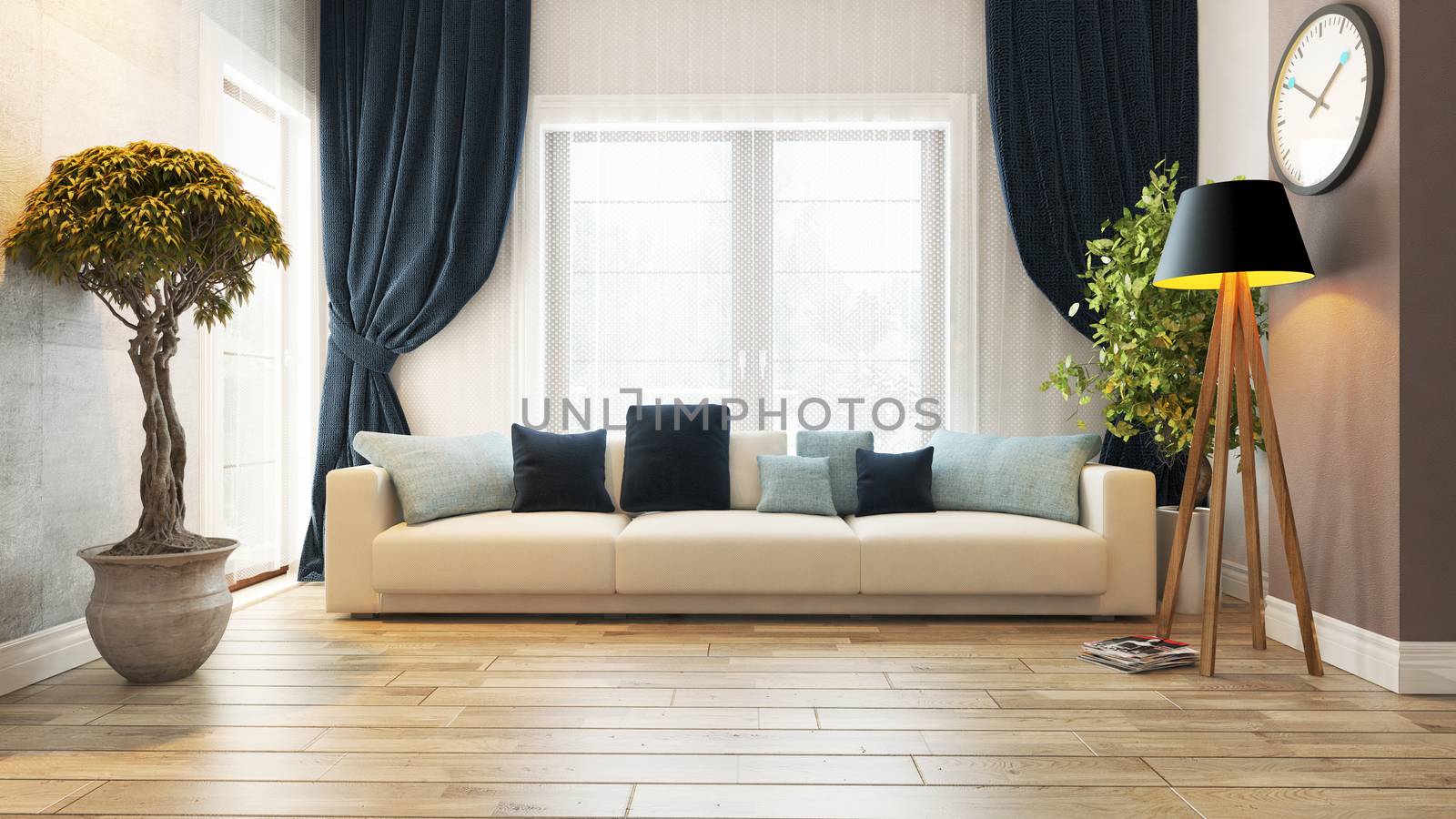 living room or saloon interior design with seat 3d rendering 