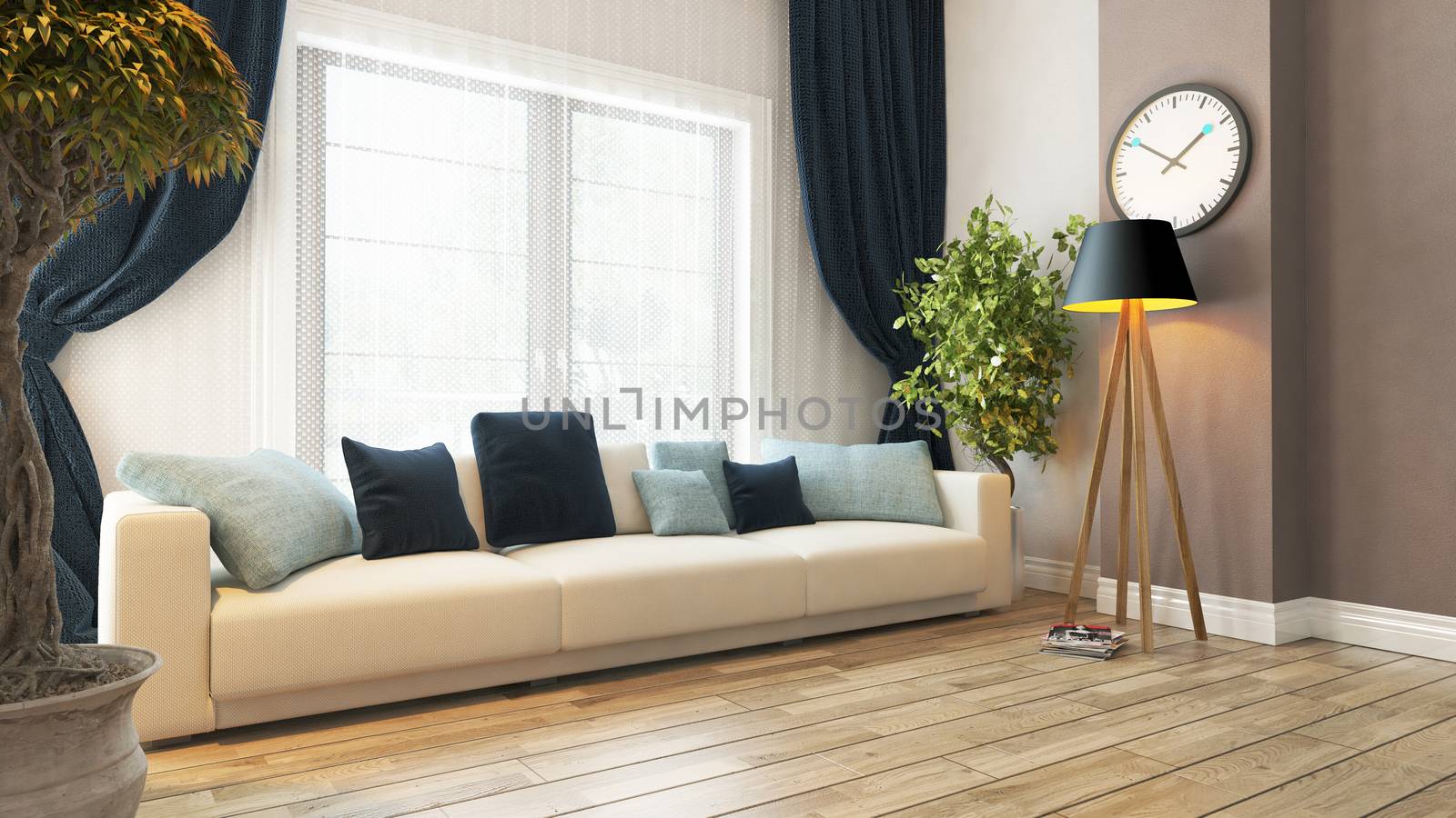living room or saloon interior design with seat and curtain 3d rendering 