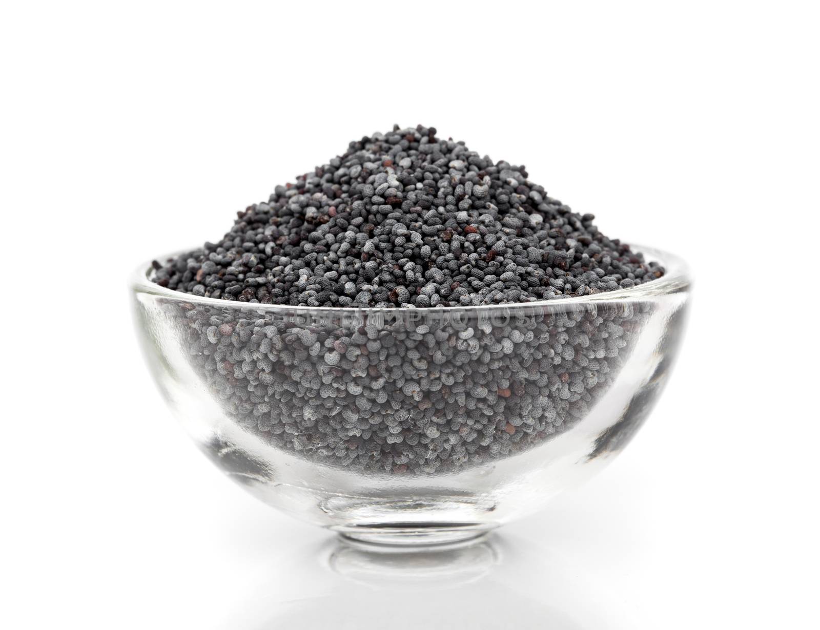 poppy seeds in a glass bowl isolated on white background