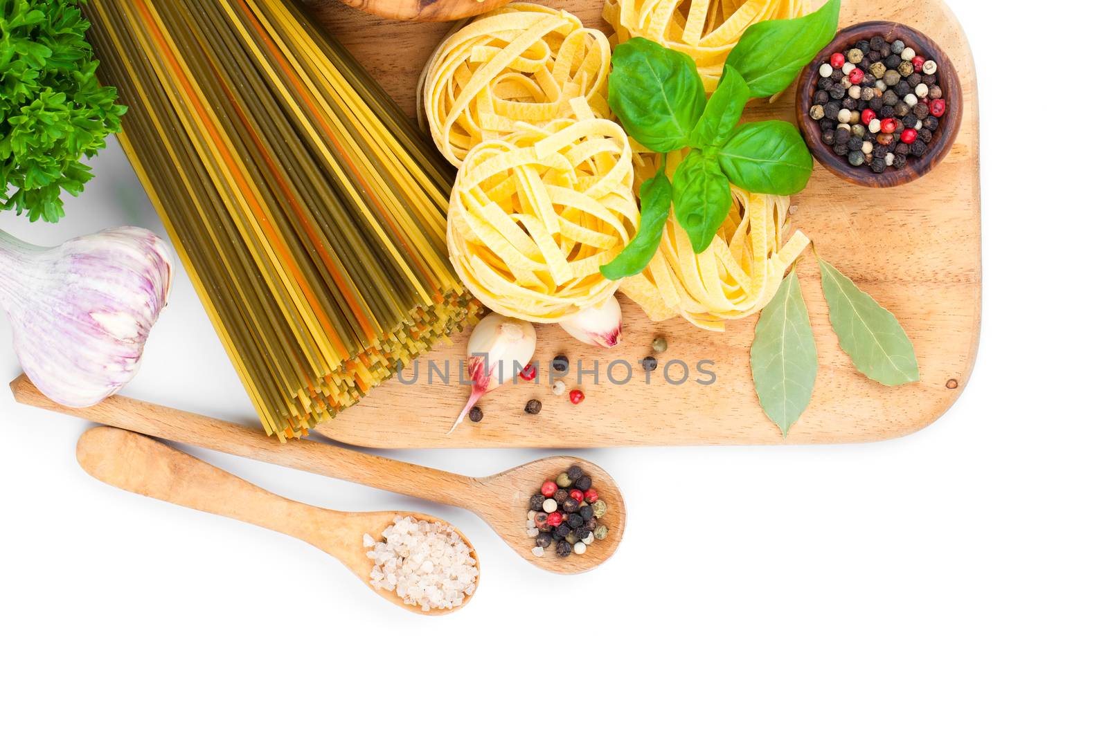 Fresh pasta and italian ingredients, isolated on white backgroun by motorolka