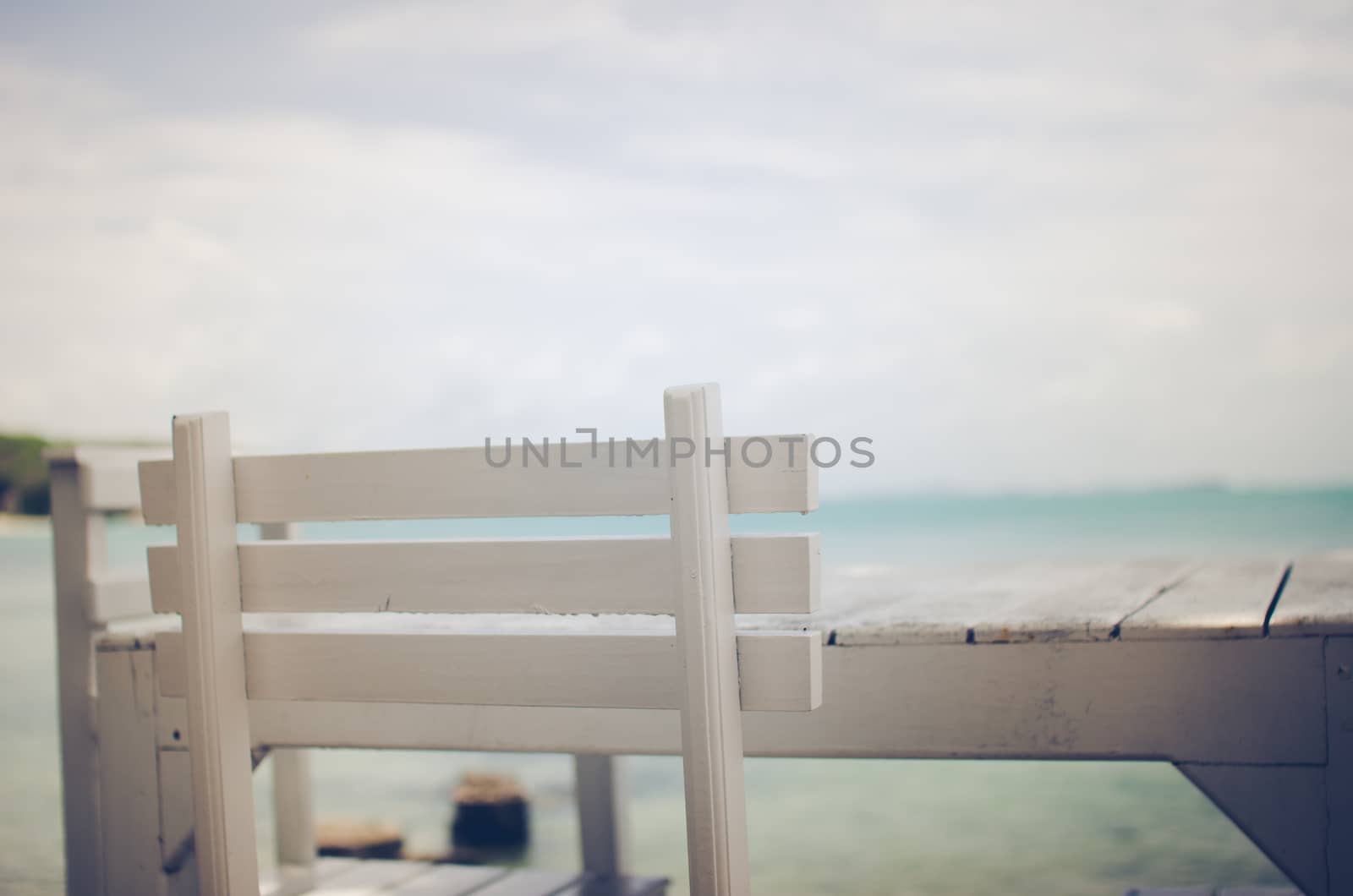 Wood dock White chair and table in Koh Samet Thailand vintage
