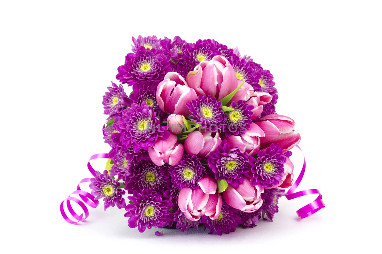  Bouquet made of tulips and chrysanthemum flowers on white background
 