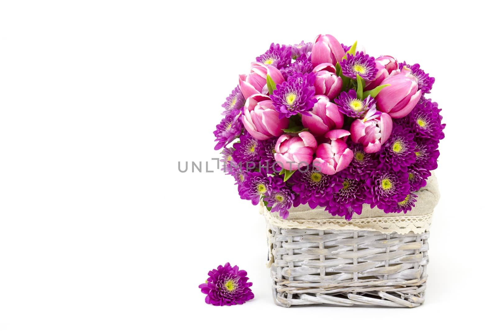 Bouquet made of tulips and chrysanthemum flowers on white background