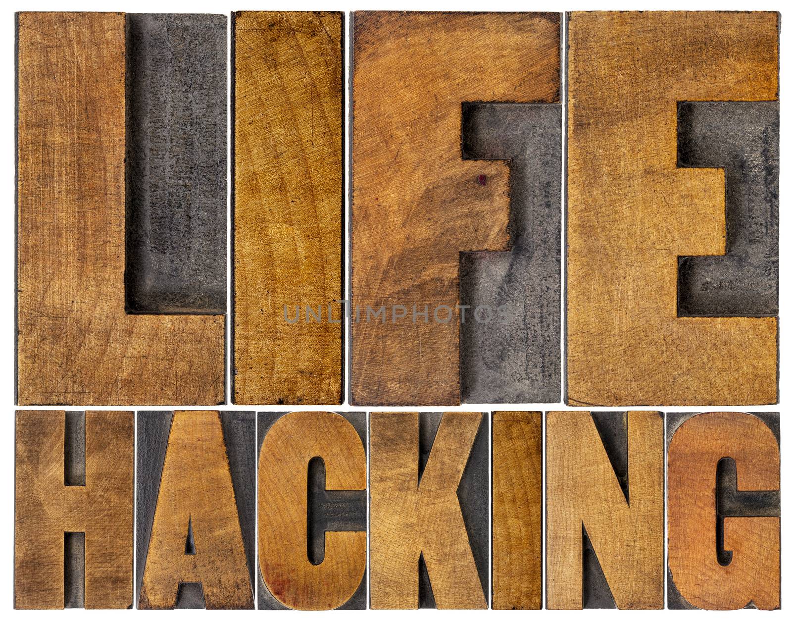 life hacking isolated word abstract in letterpress wood type