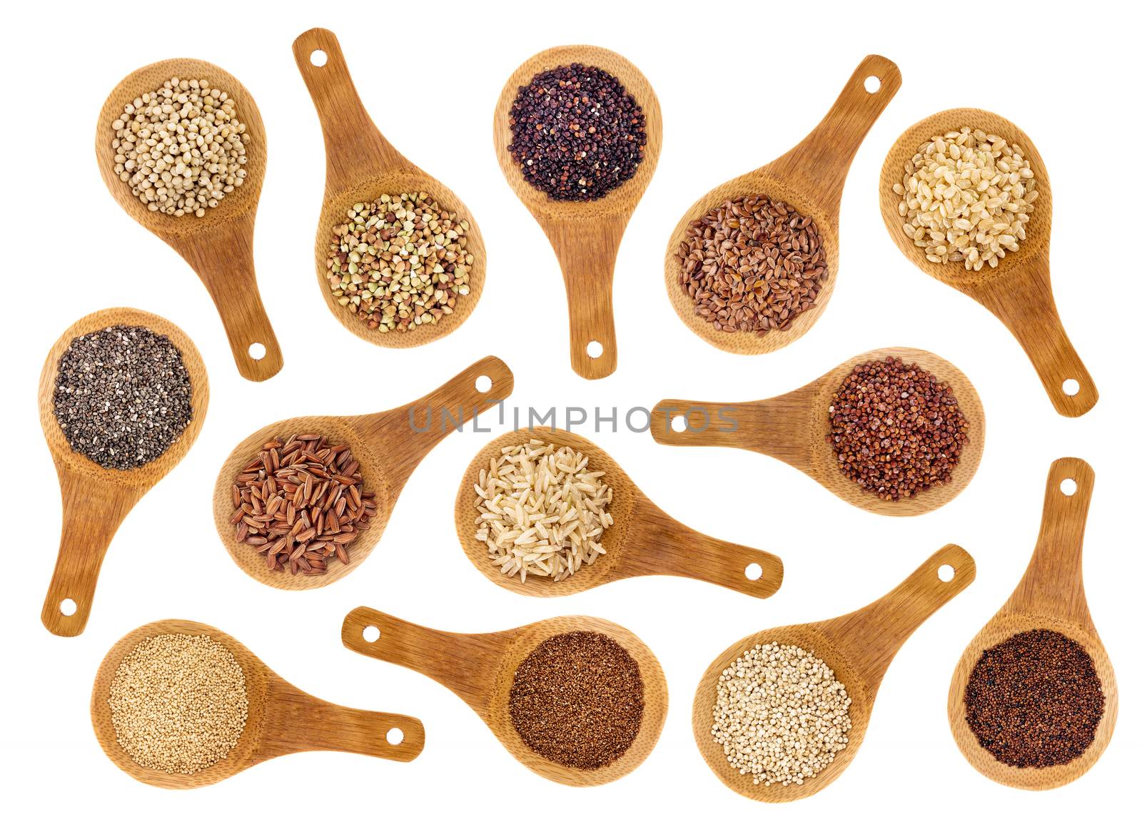 a variety of gluten free grains (buckwheat, amaranth, brown rice, millet, sorghum, teff, black, red, white and black quinoa, chia seeds, flax seeds) on wooden spoons isolated on white