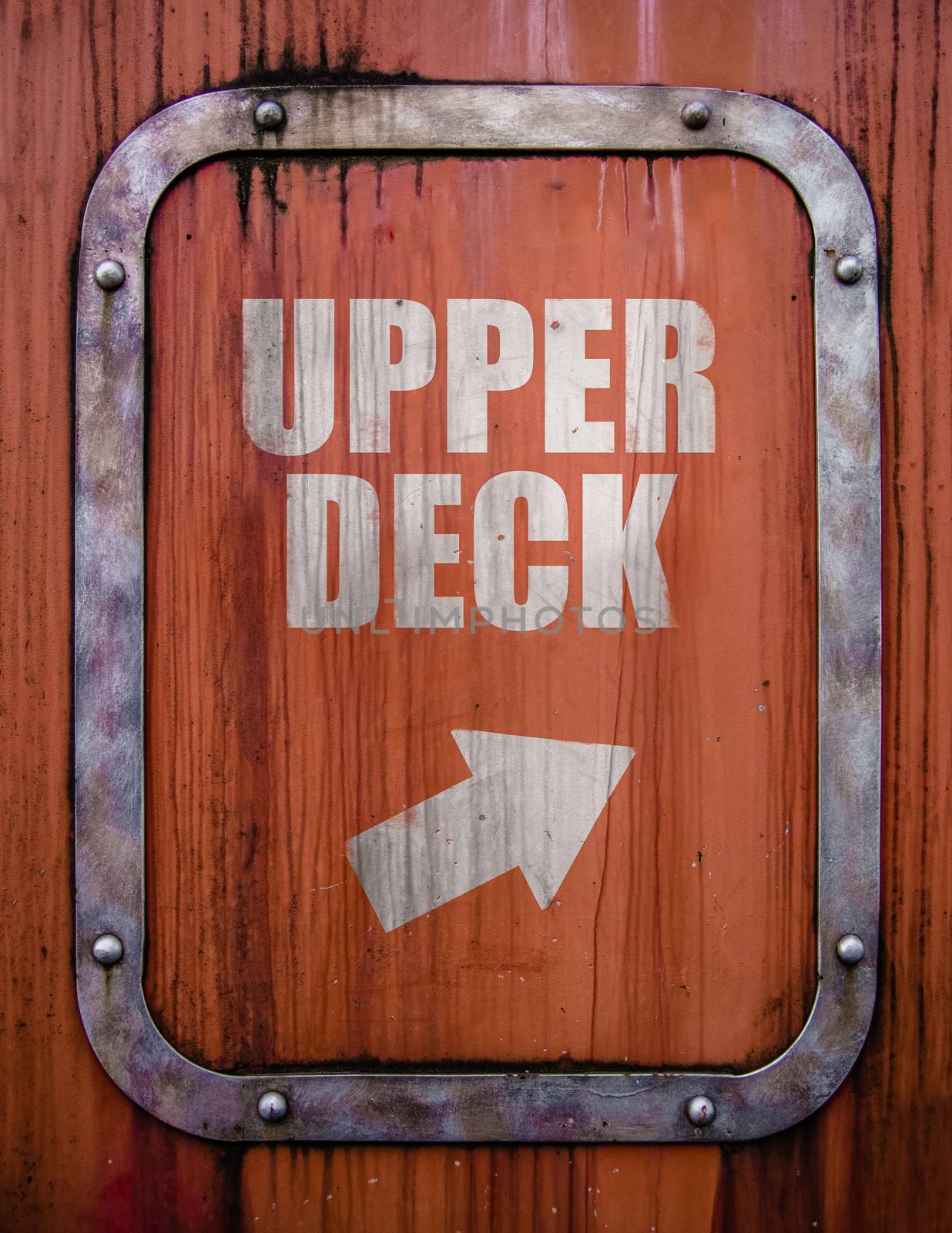 Travel Image Of A Grungy Upper Deck Sign On A Ship Or Ferry