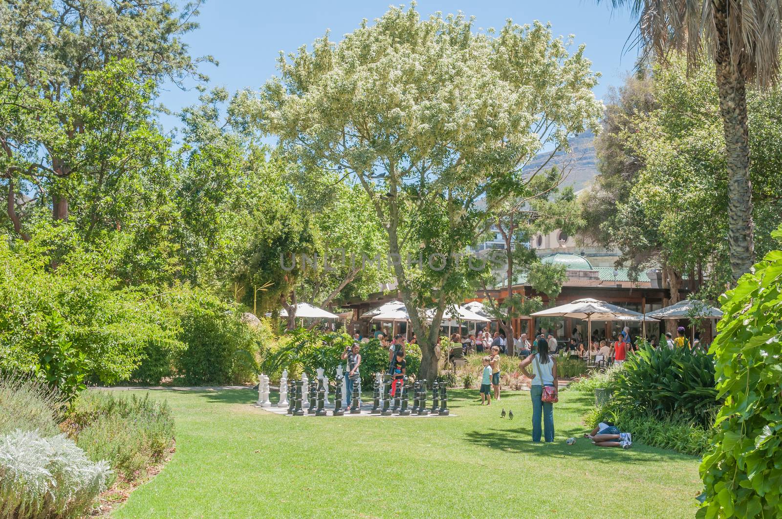 CAPE TOWN, SOUTH AFRICA - DECEMBER 18, 2014:  Unidentified children playing with a large chess set in the Company Gardens. The Dutch East India Company first started the garden in 1652