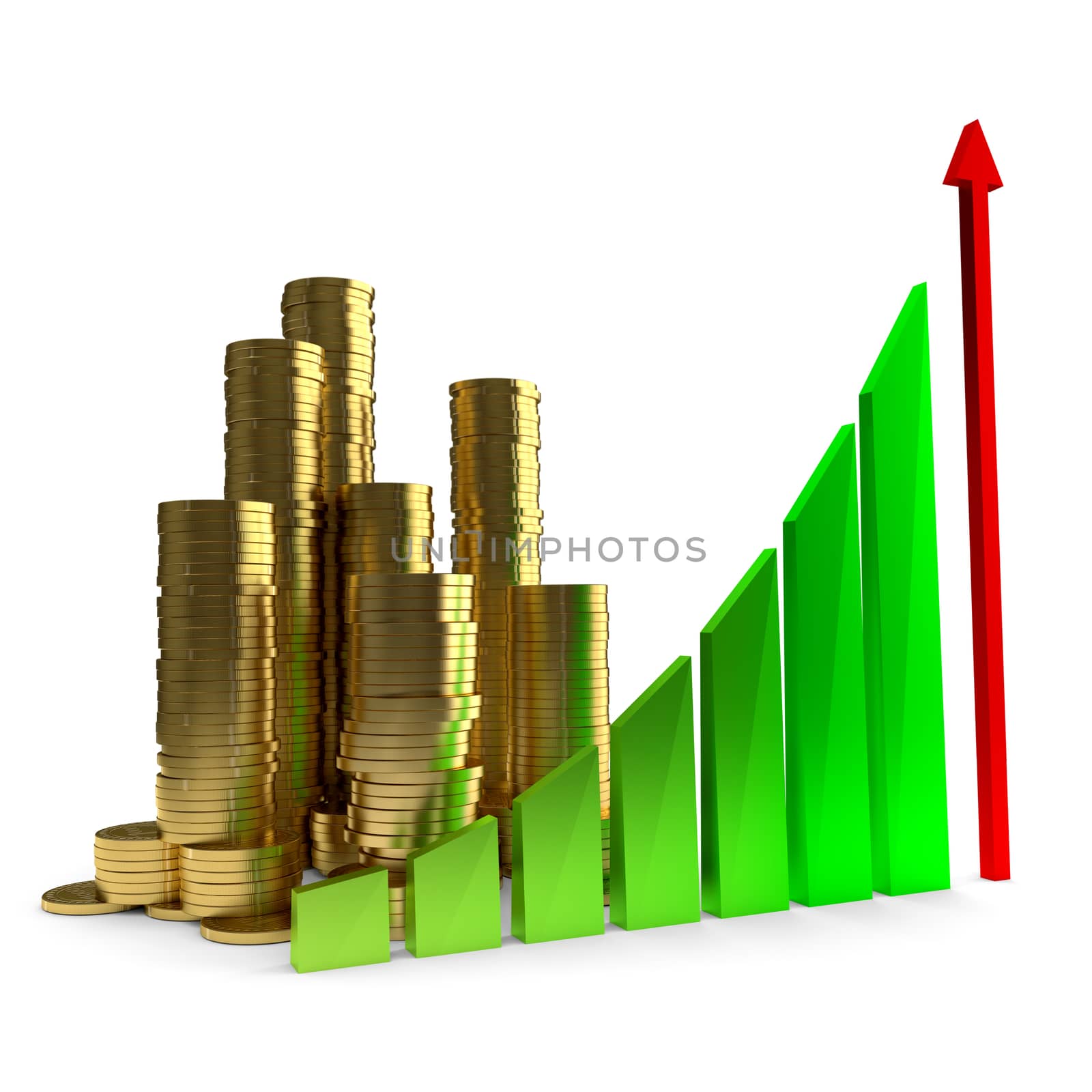 Business Chart and gold coins on the white background