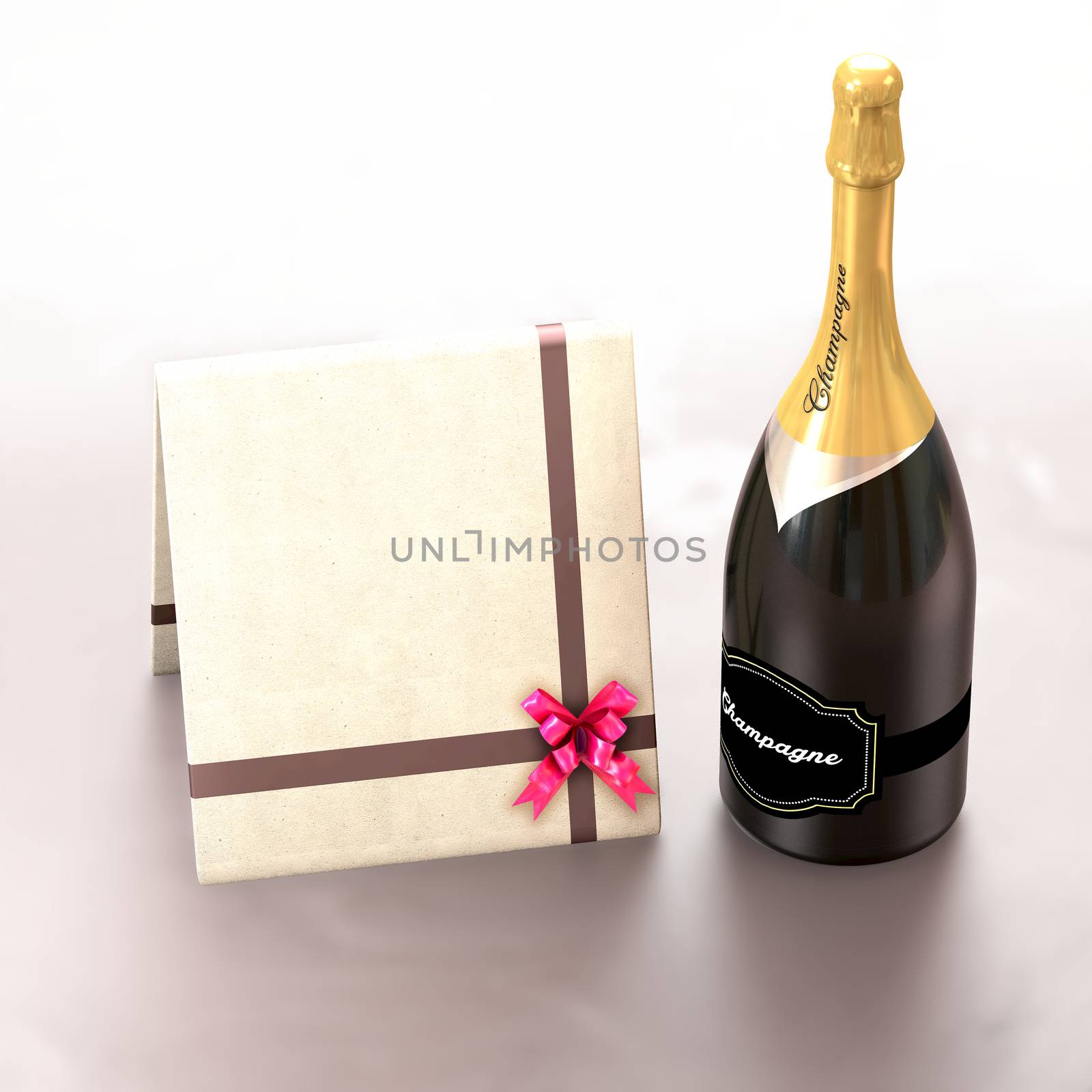 This illustration contains a champagne bottle and a greeting card with copy left to express wish.