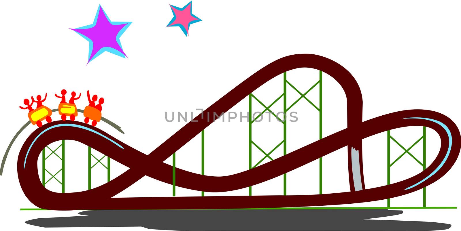 Representation of a real rollercoaster with happy patrons celebrating the ride.