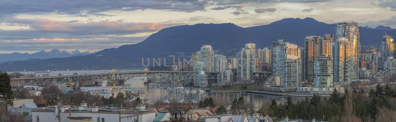 Vancouver British Columbia Canada City Skyline and Granville Island Bridge During Sunrise Panorama
