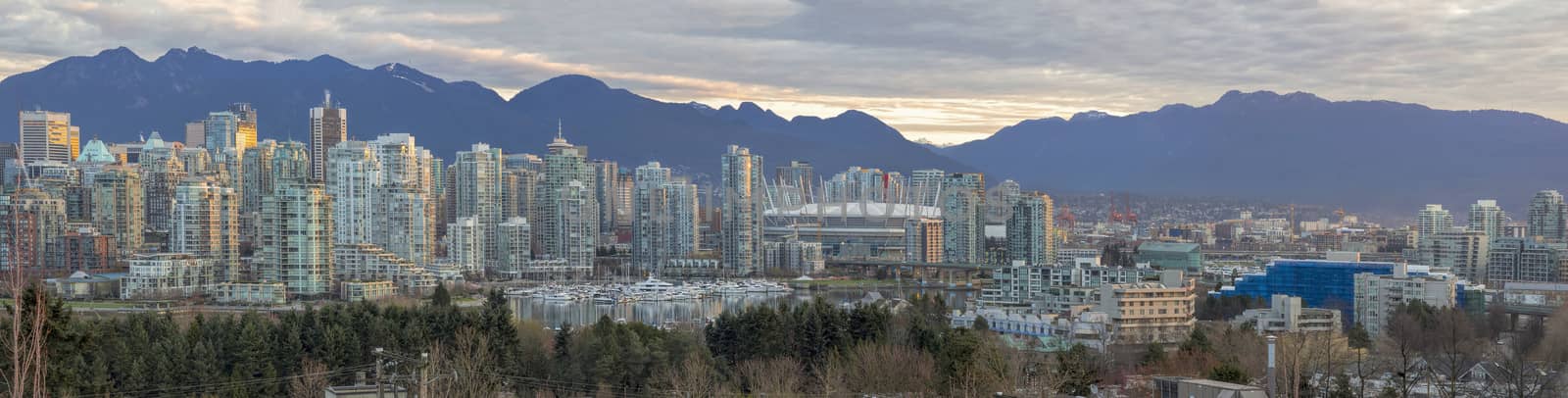 Vancouver British Columbia Canada City Skyline Along False Creek During Sunrise Panorama