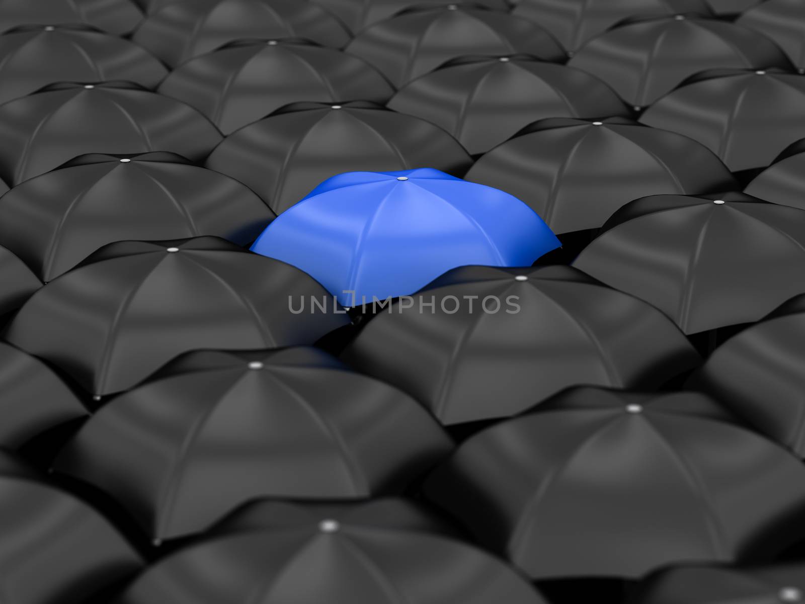 unique blue umbrella with many black umbrellas