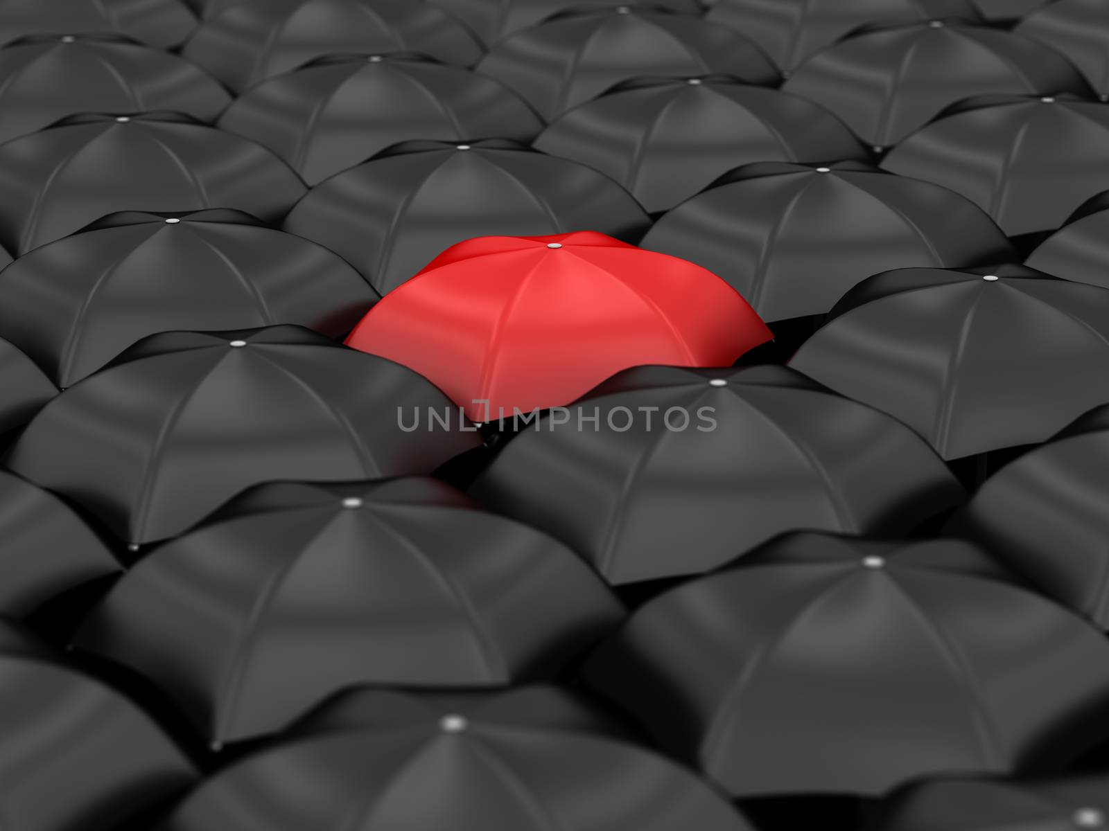unique red umbrella with many black umbrellas