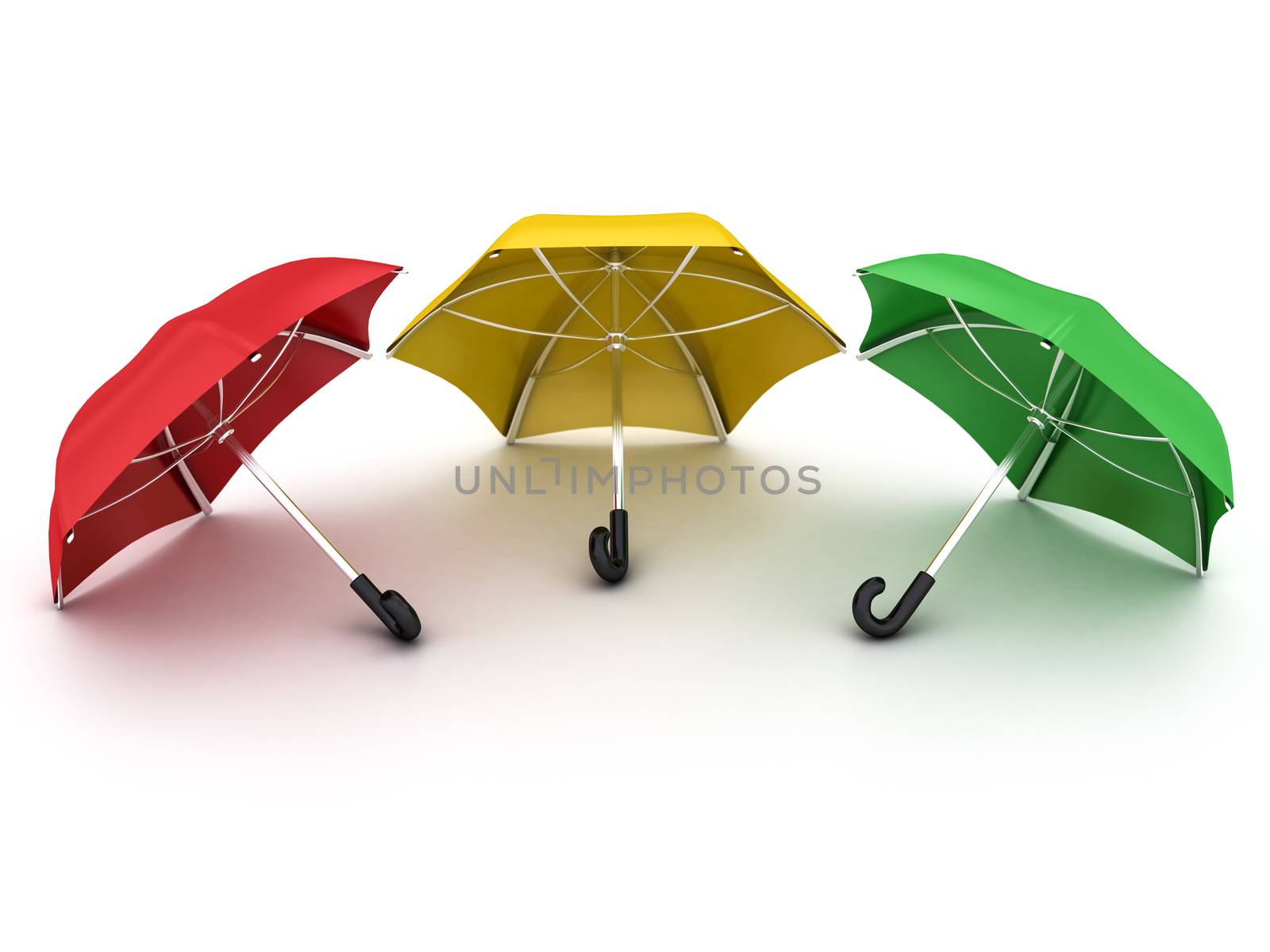 three colored umbrellas on a white background