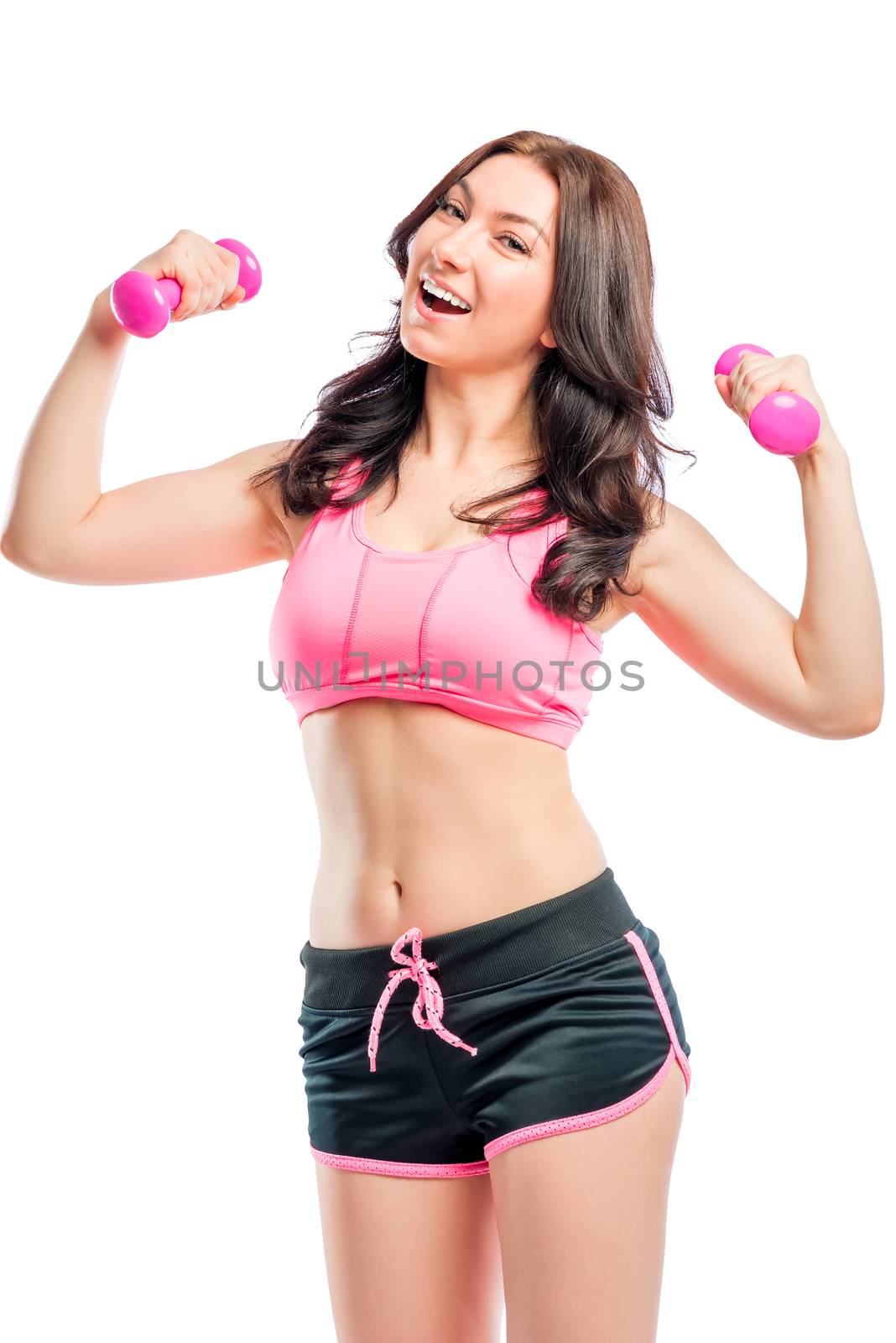 great athlete with pink dumbbells isolated