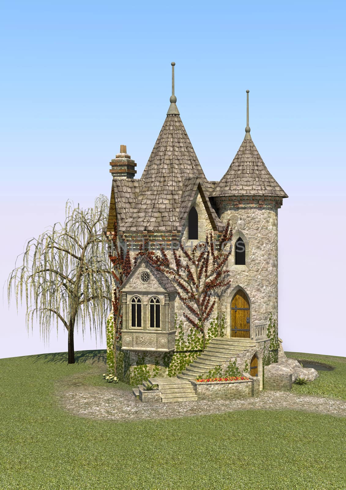 3D digital render of a fairytale castle on a green meadow, blue sky background