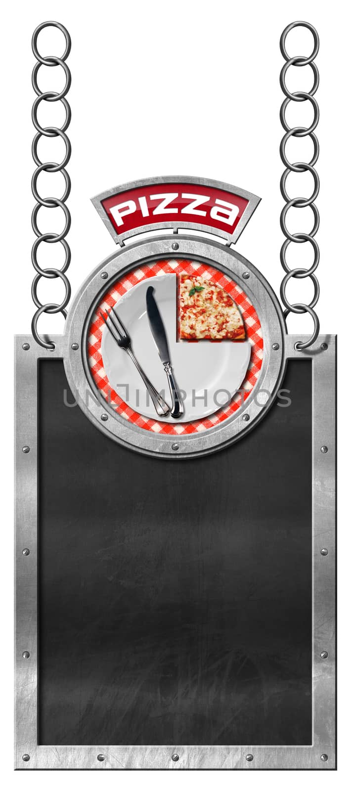 Empty blackboard with metal frame and text pizza, hanging from a metal chain, white plate with a slice of pizza and cutlery. Isolated on white