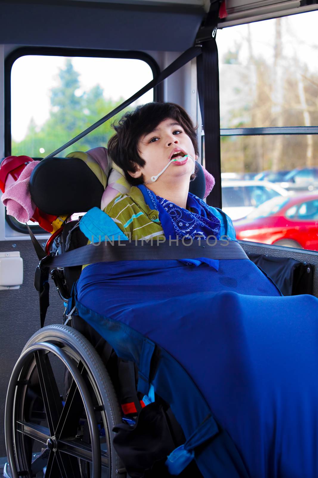 Disabled biracial eight year old boy in wheelchair buckled with seatbelt on school bus
