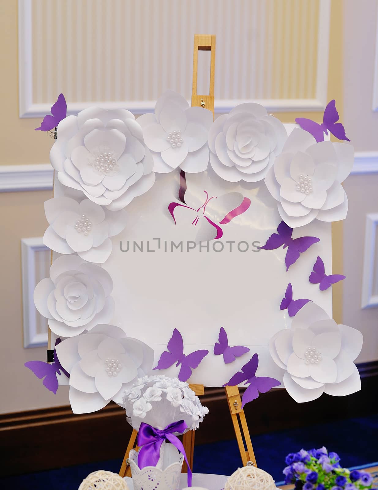 beautiful wedding board with paper flowers on light background.