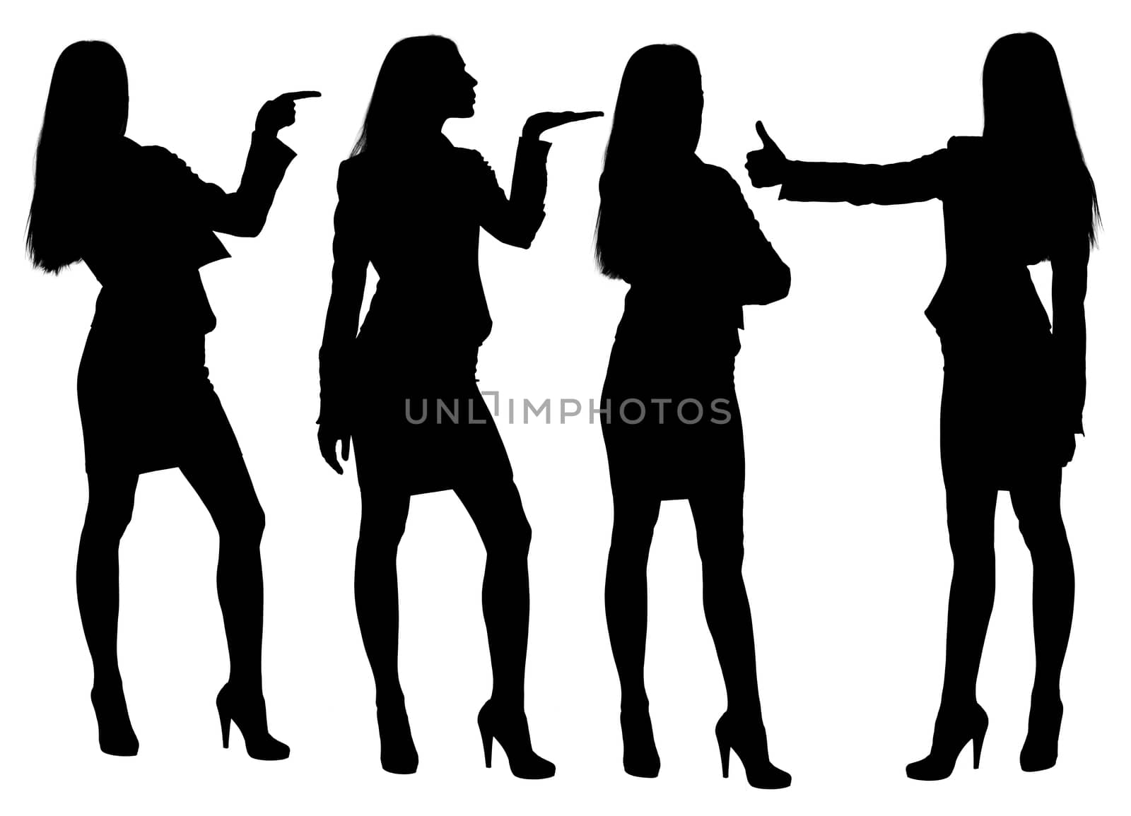 Silhouettes of businesswoman in different postures, different views