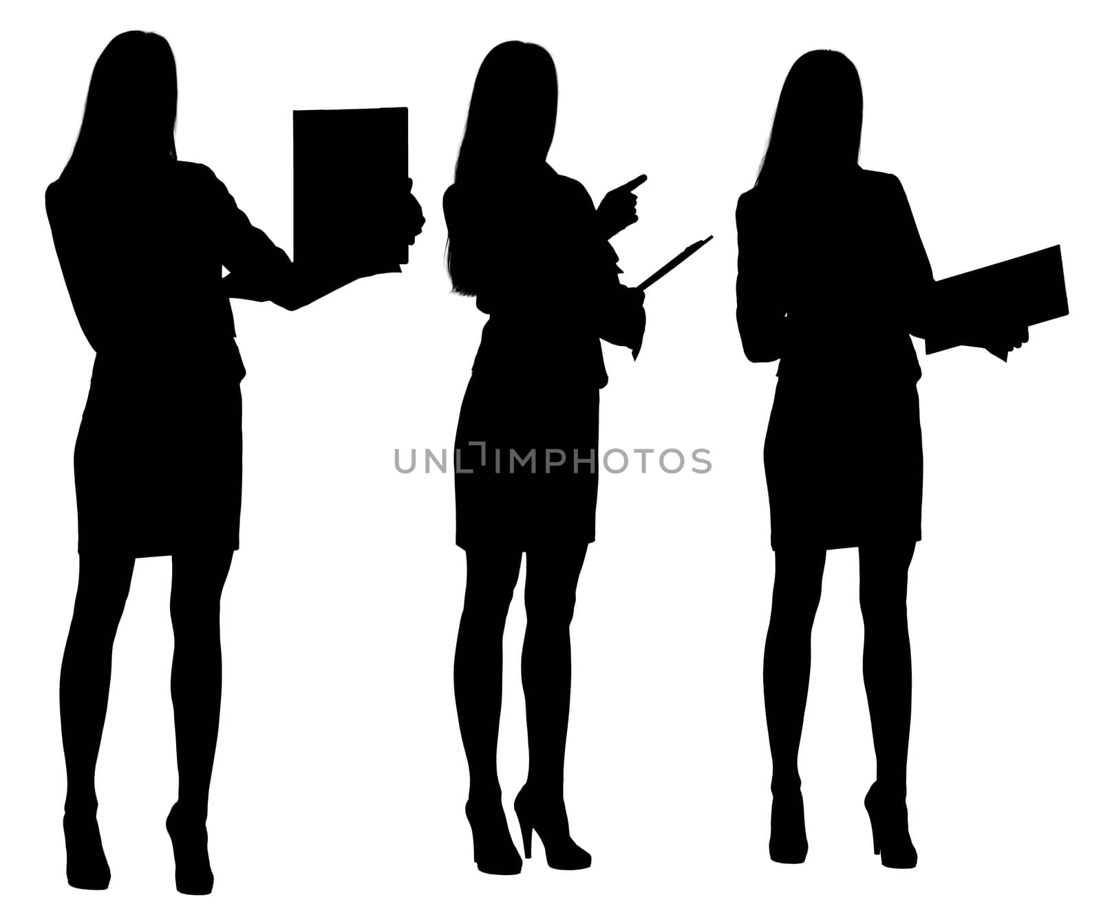 Silhouettes of businesswoman with folder in different postures, different views